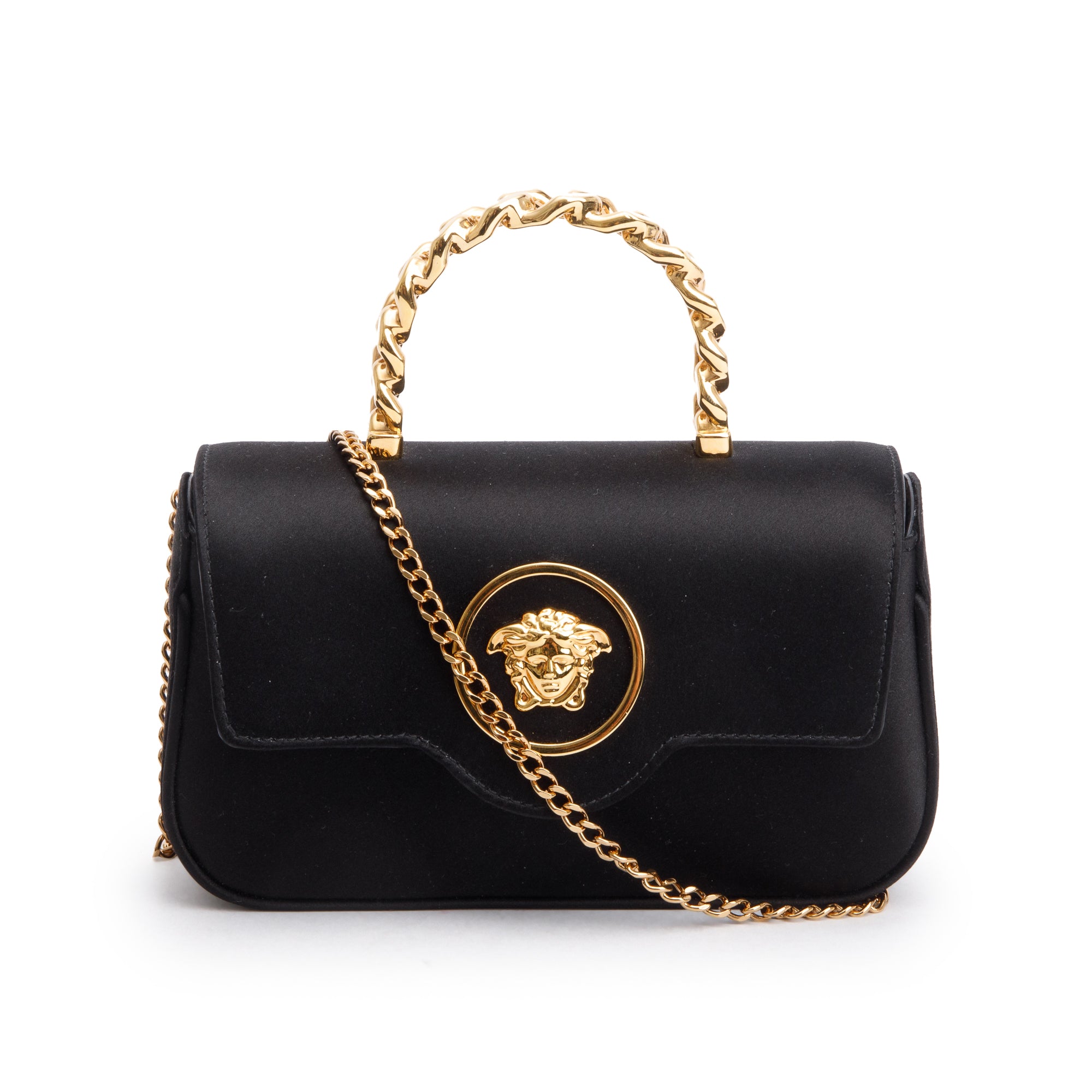 Versace 2024 Black Satin La Medusa Mini Handle Bag w/ Strap, Box & Receipt