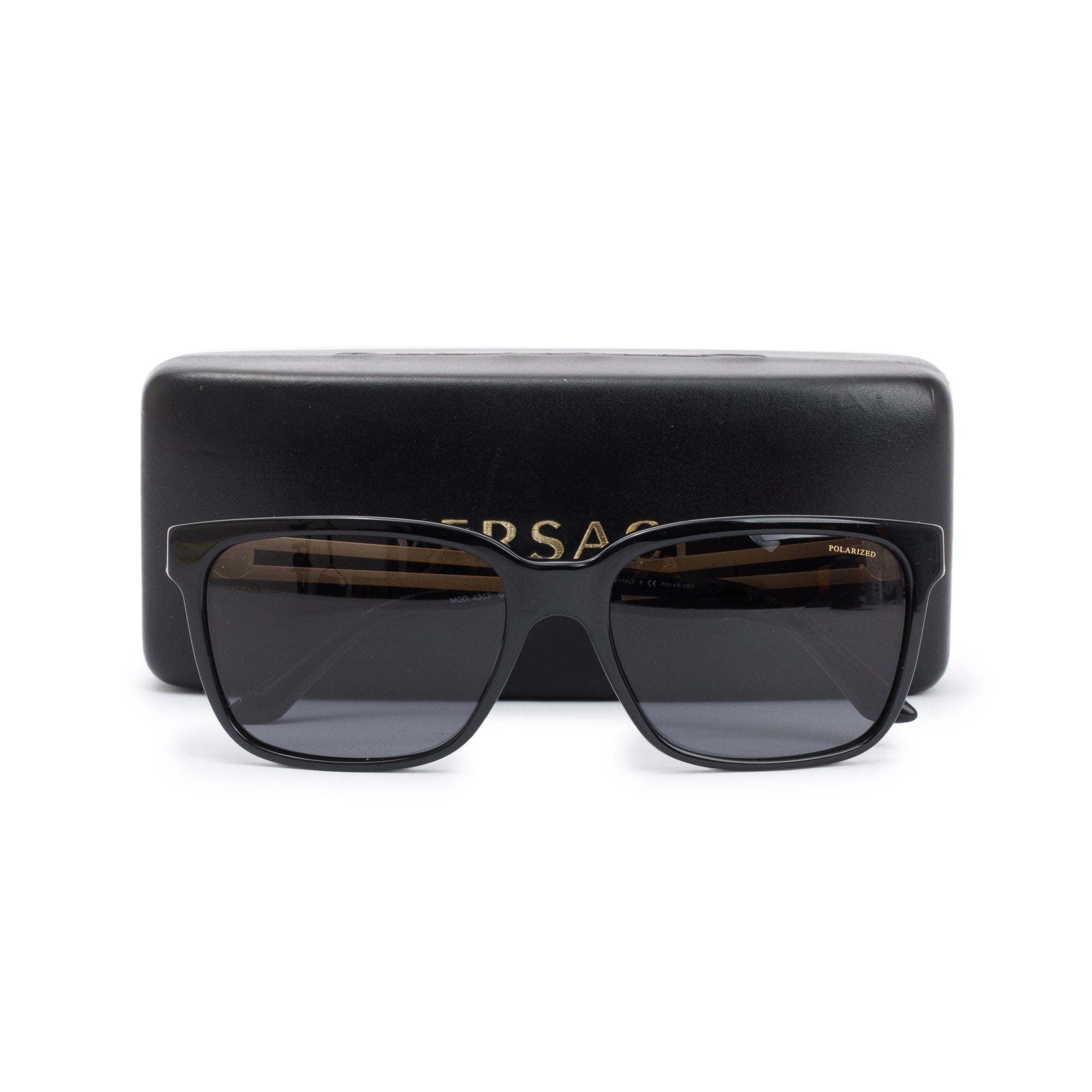 Versace 4307 Black Acetate Gold Tone Metal Polarized Sunglasses w/ Case