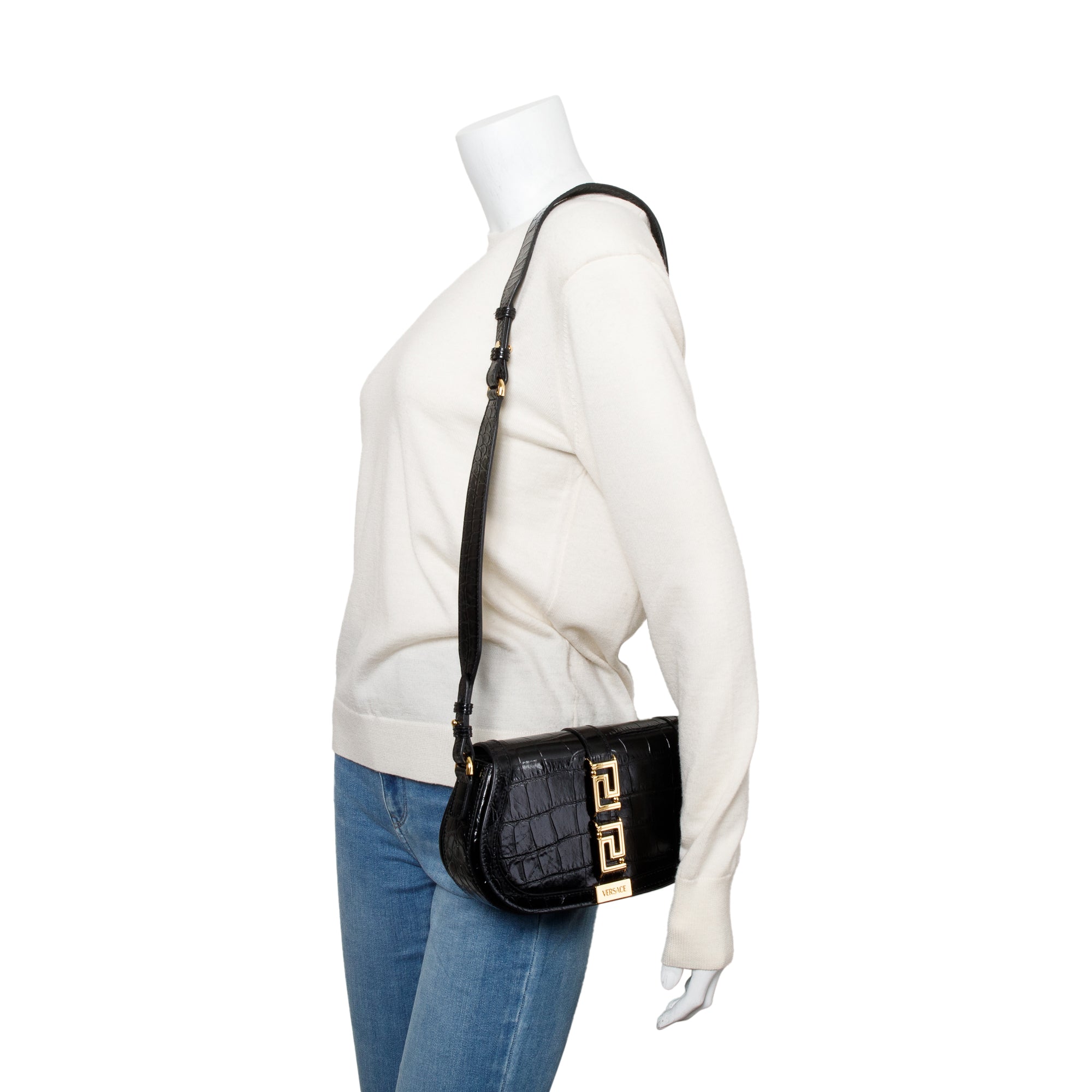 Versace Black Croc-Effect Leather Medium Greca Goddess Shoulder Bag w/ Straps