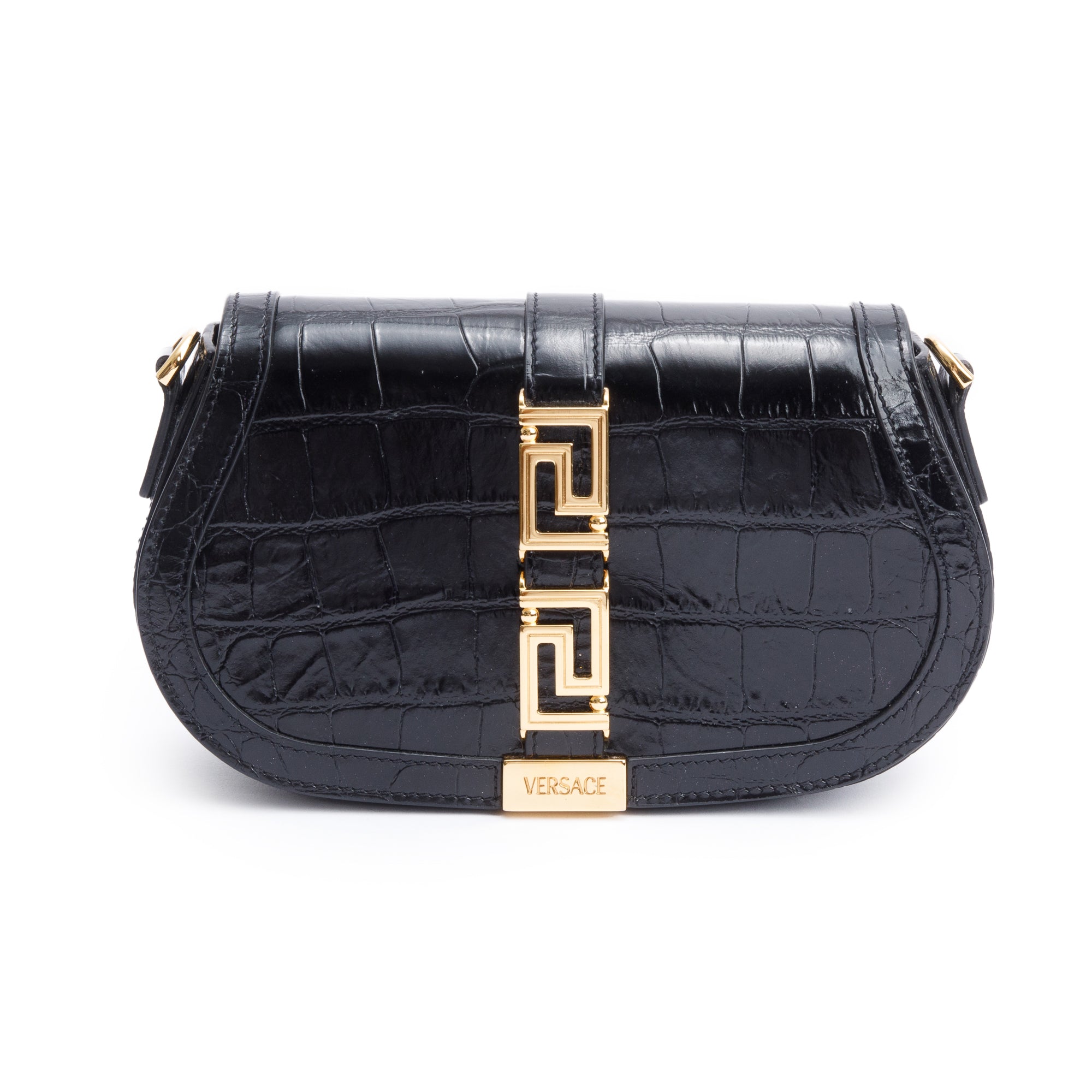 Versace Black Croc-Effect Leather Medium Greca Goddess Shoulder Bag w/ Straps