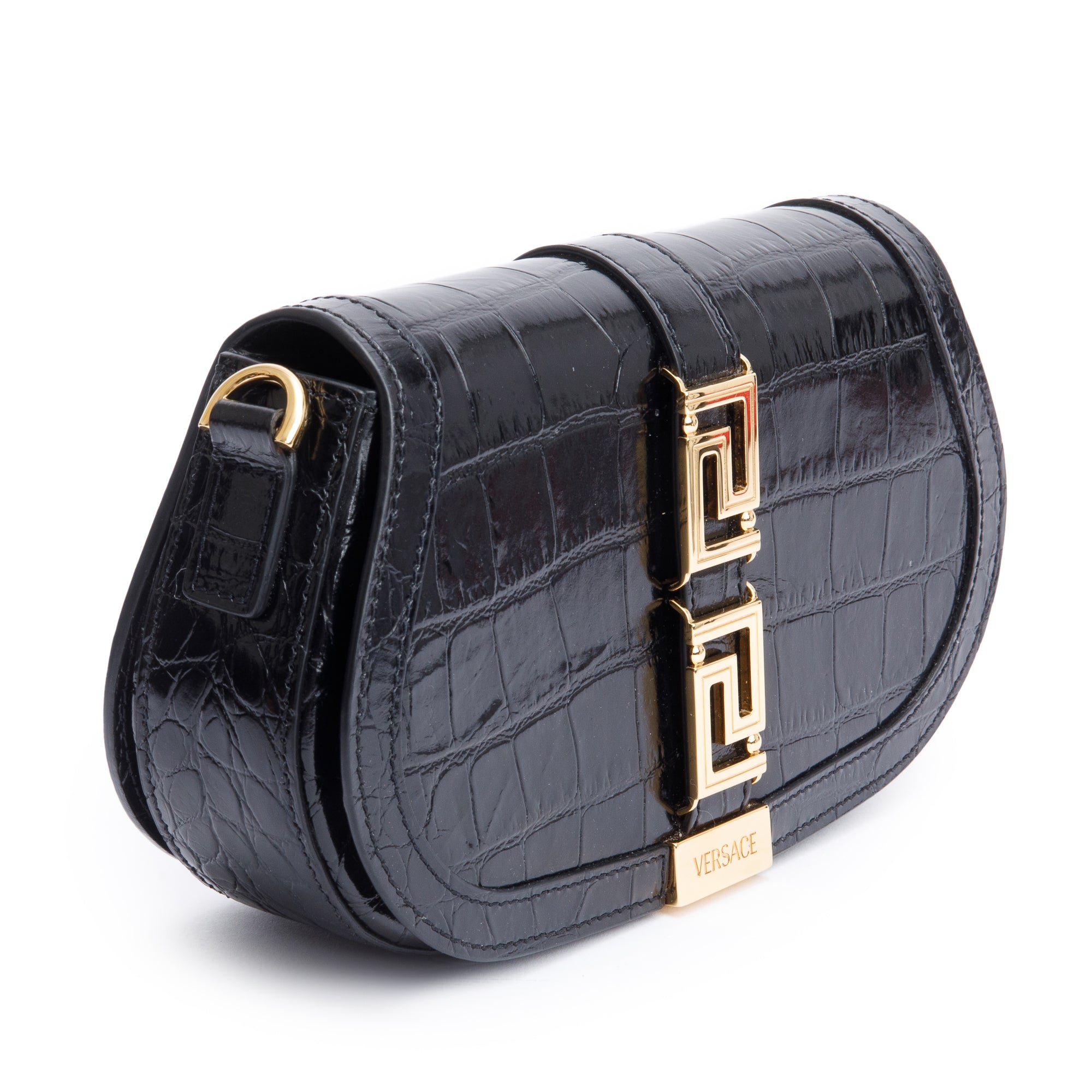 Versace Black Croc-Effect Leather Medium Greca Goddess Shoulder Bag w/ Straps