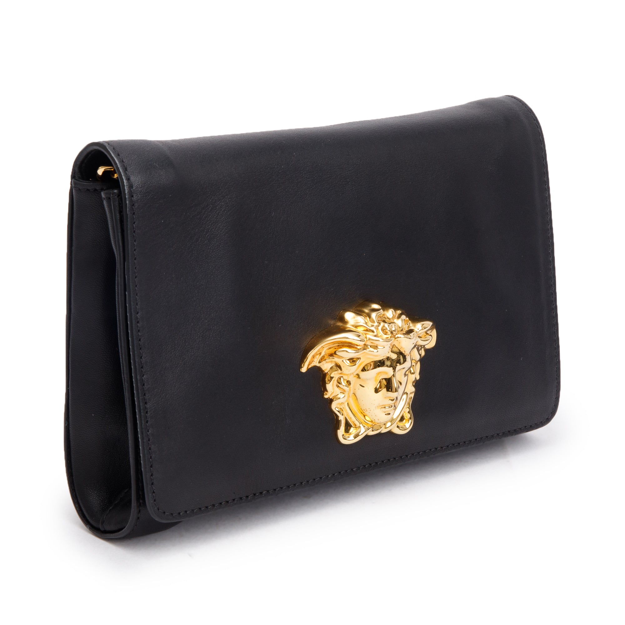 Versace Black Leather La Medusa Chain Clutch Bag
