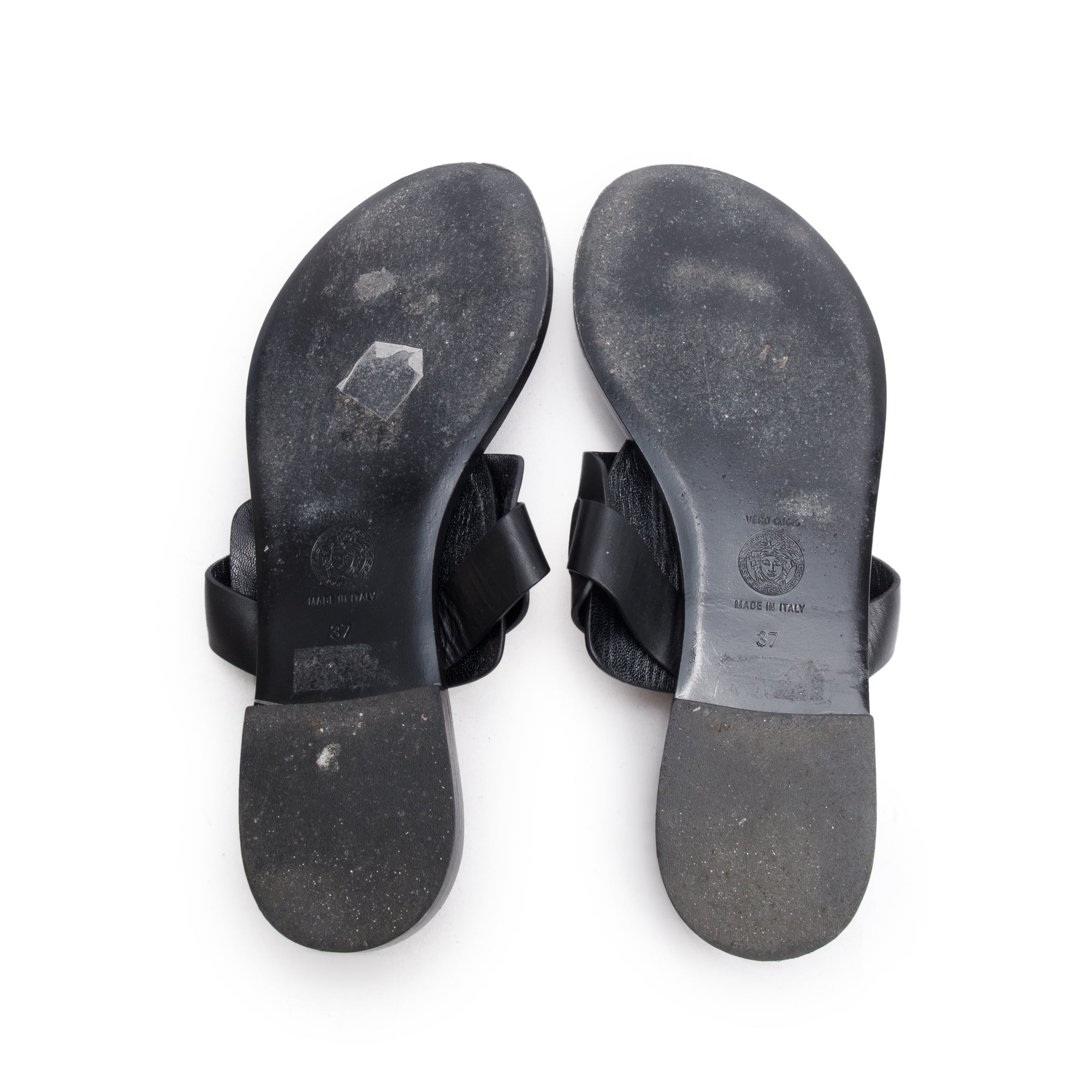 Versace Black Leather Medusa Thong Flat Sandals, Size 37 w/ Box