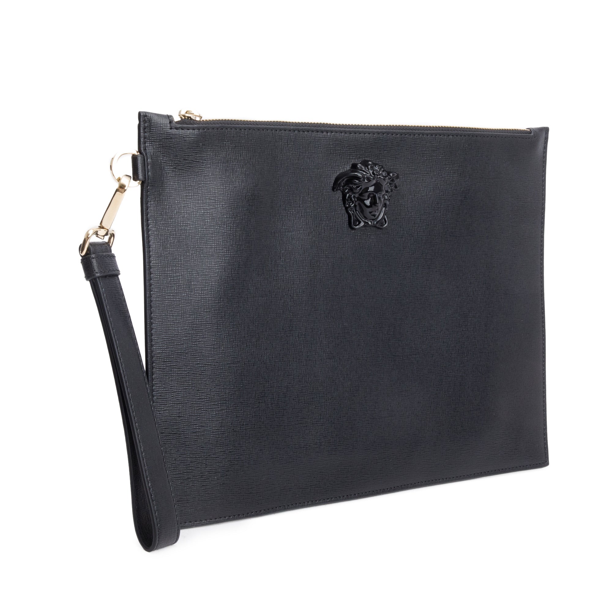 Versace Black Leather Medusa Zip Pouch Clutch