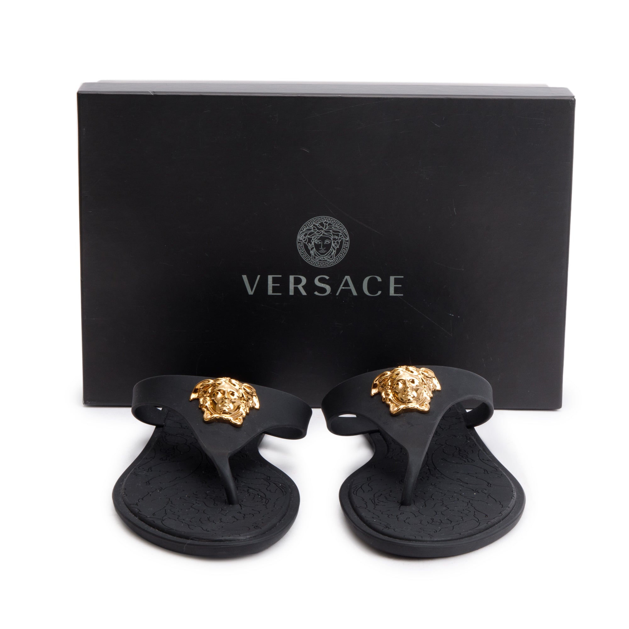 Versace Black Rubber Medusa Alia Flat Sandals, Size 40.5 w/ Box & Authenticity Card