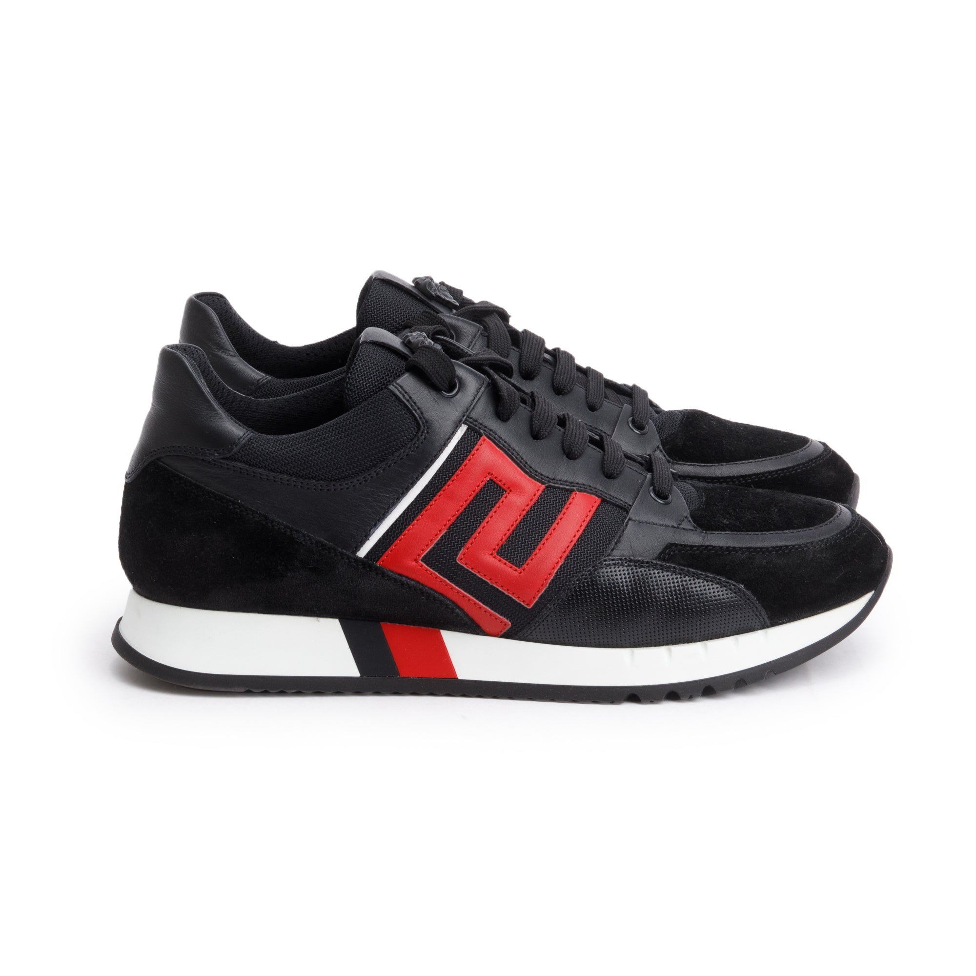 Versace Black/Red Leather Suede Greek Key Sneakers, Size 42 w/ Box