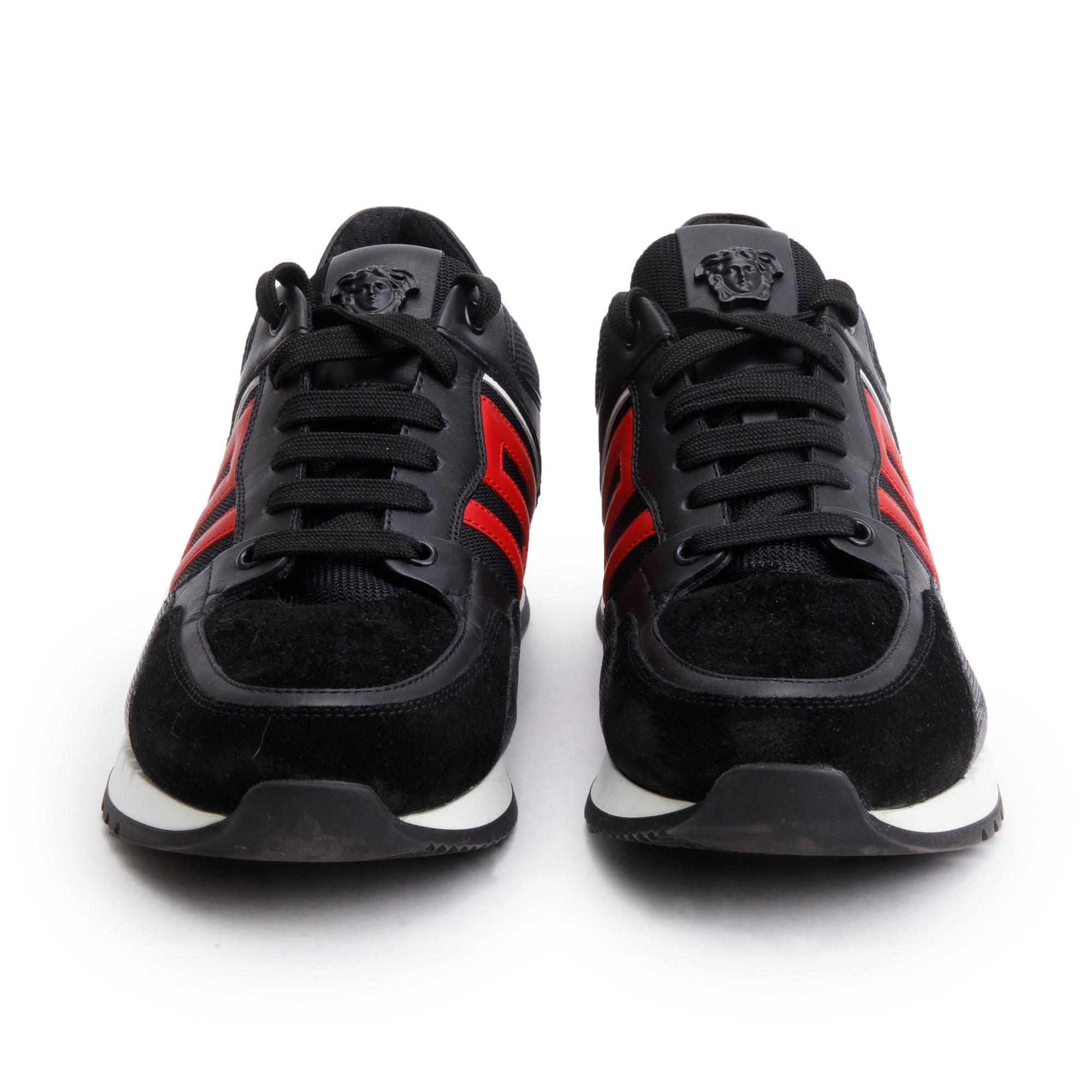 Versace Black/Red Leather Suede Greek Key Sneakers, Size 42 w/ Box