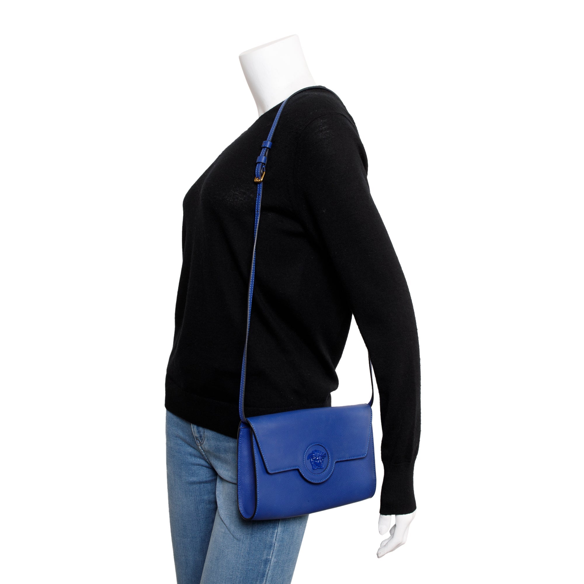 Versace Blue Calfskin Leather La Medusa Crossbody Bag w/ Authenticity Card