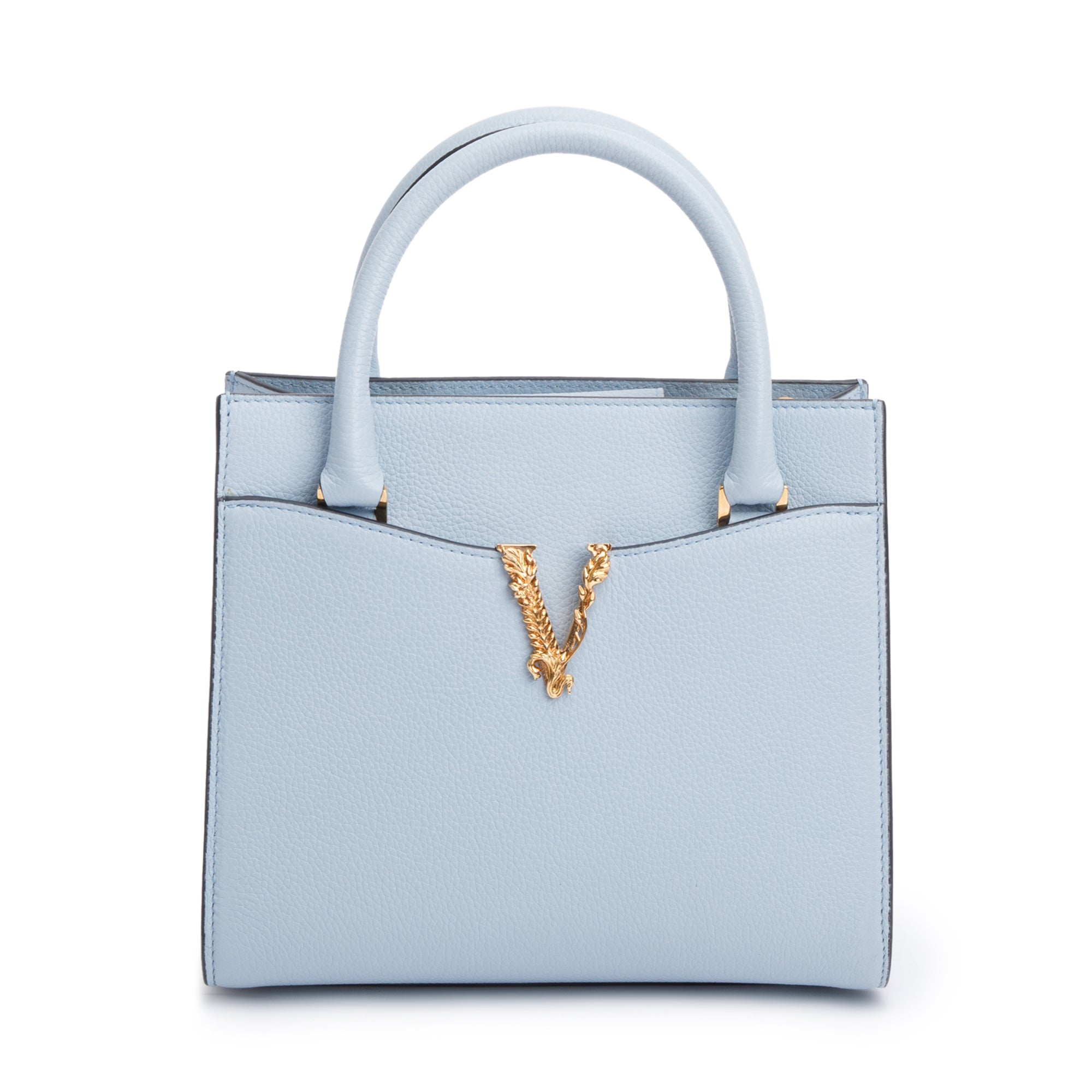 Versace Blue Grained Leather Virtus Small Top Handle Bag w/ Strap