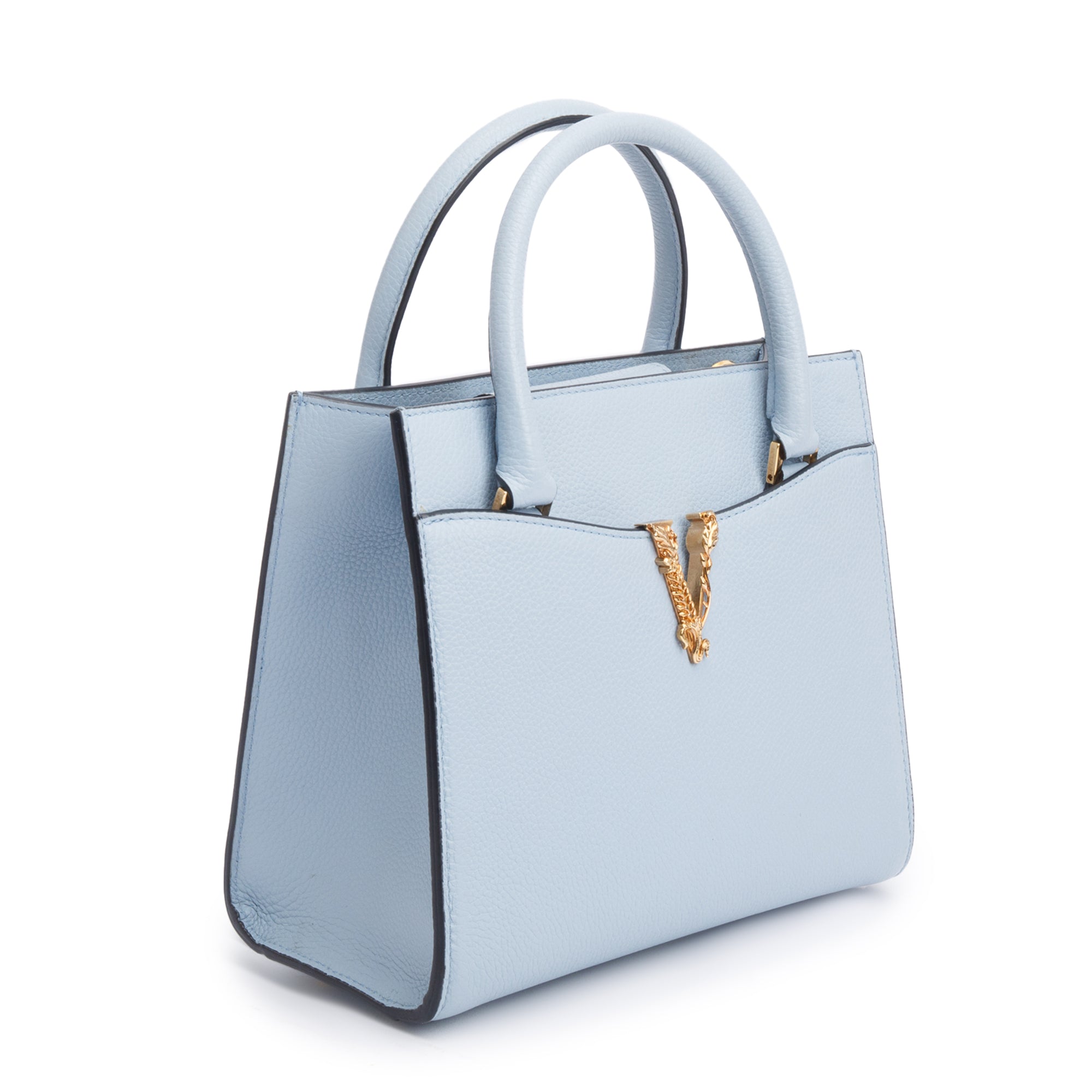 Versace Blue Grained Leather Virtus Small Top Handle Bag w/ Strap