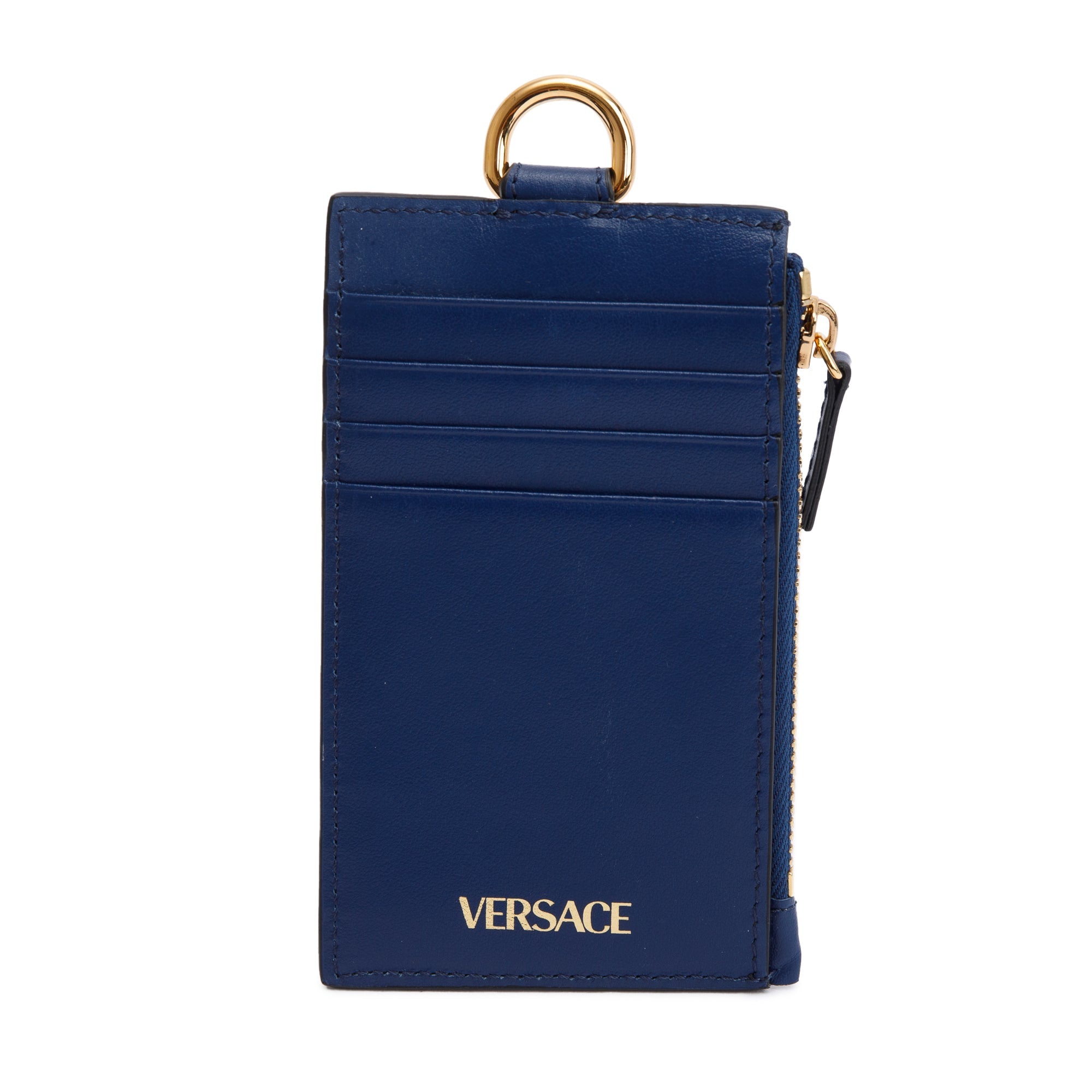 Versace Blue Leather La Medusa Lanyard Card Holder Wallet