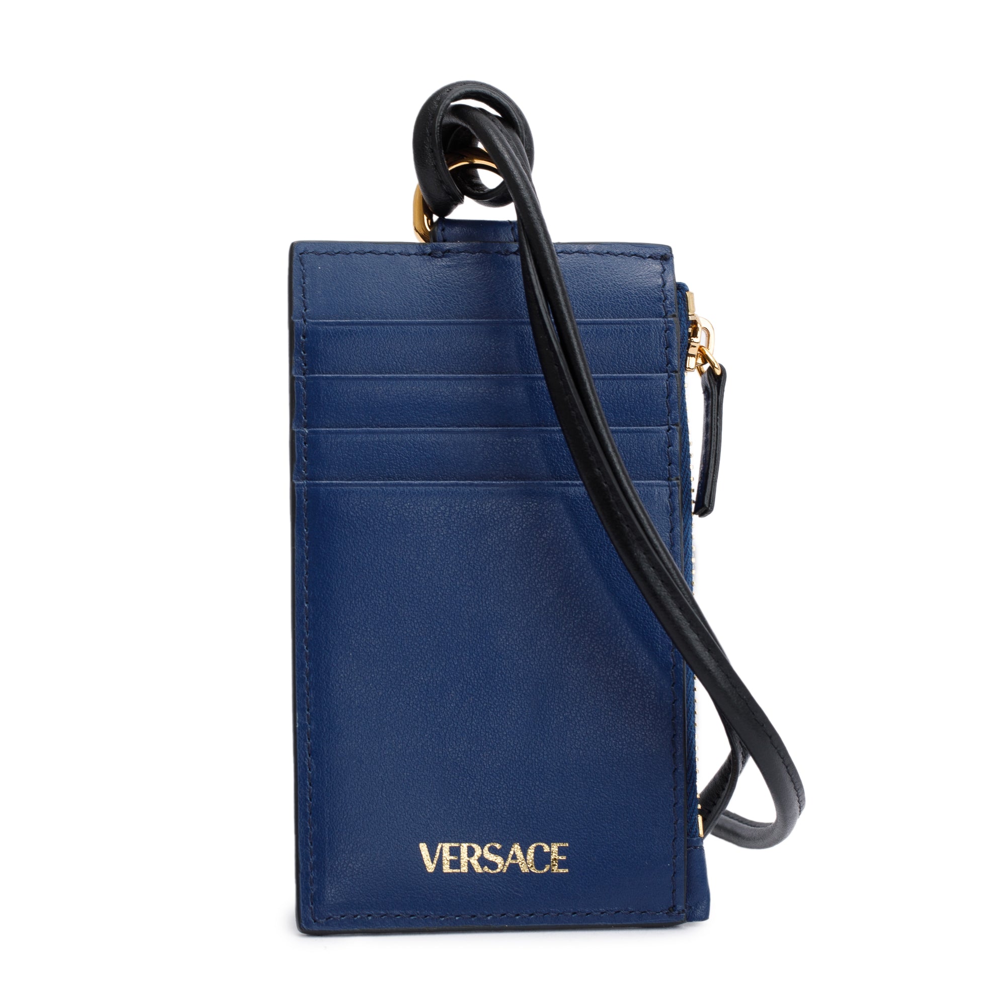Versace Blue Leather La Medusa Lanyard Card Holder Wallet