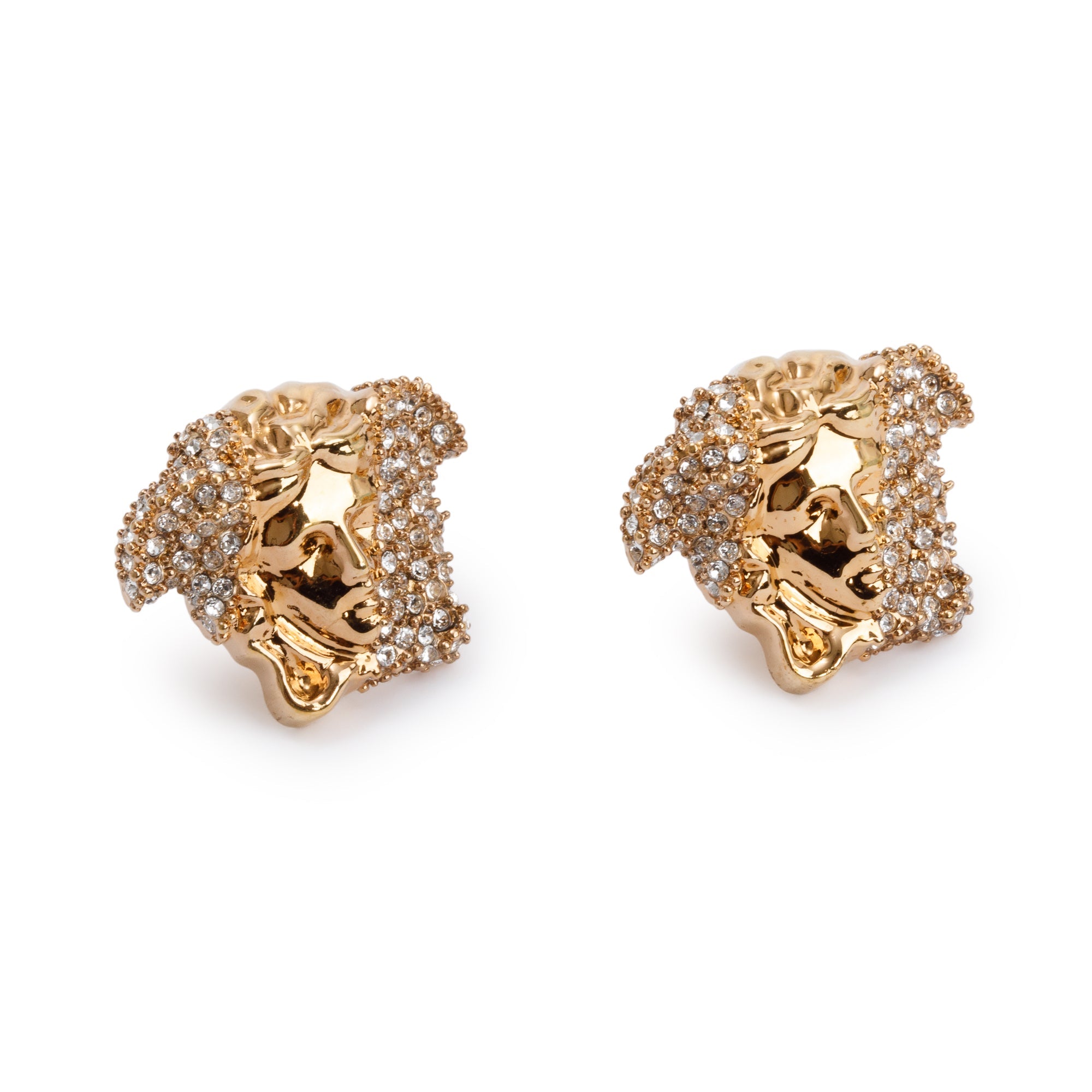 Versace Gold Plated Crystal Embellished Medusa Stud Earrings w/ Box