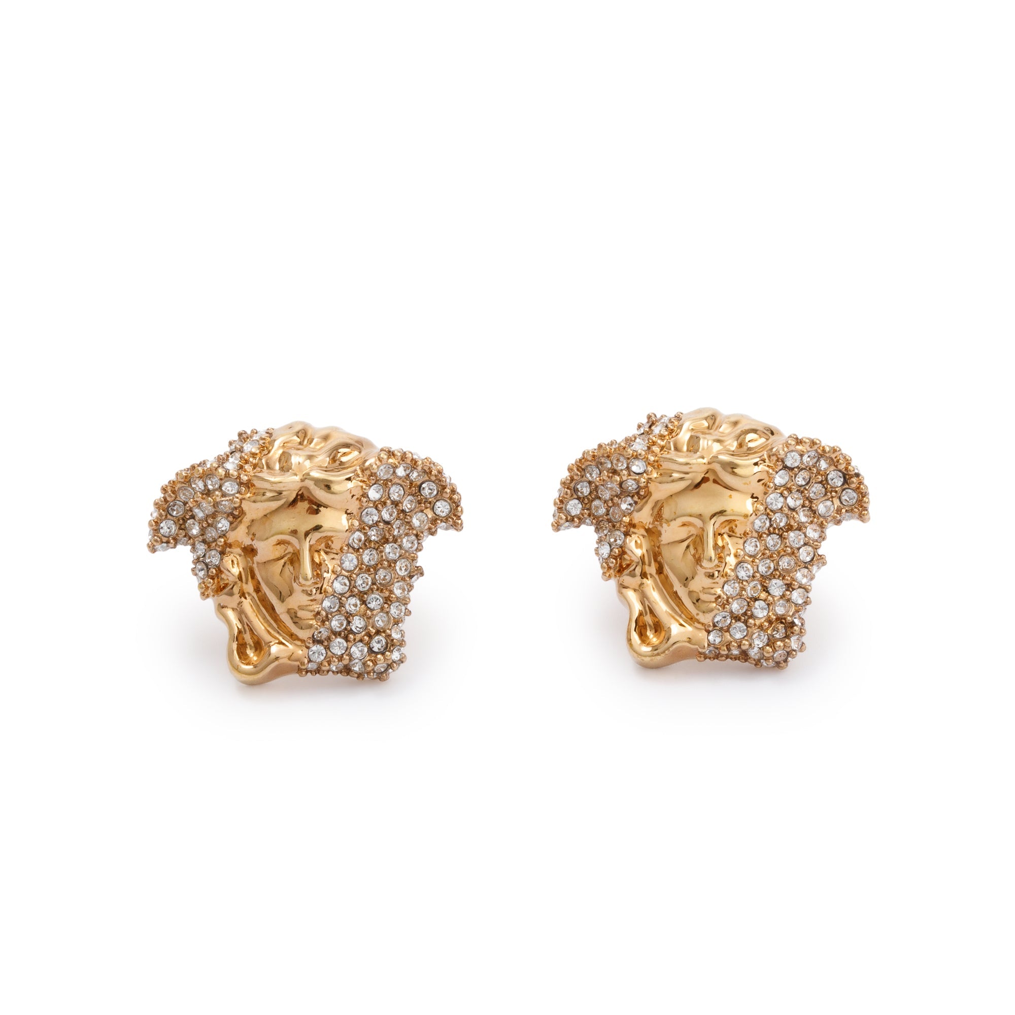 Versace Gold Plated Crystal Embellished Medusa Stud Earrings w/ Box