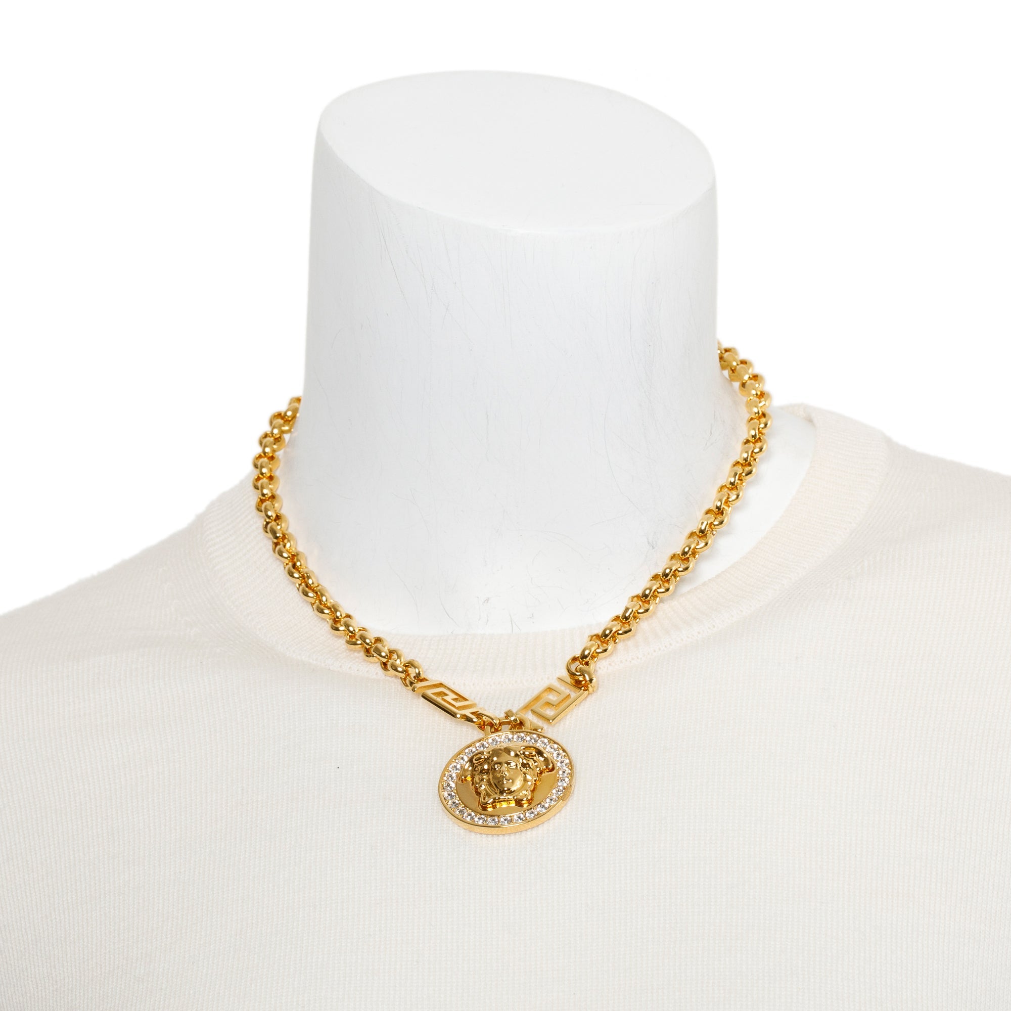 Versace Gold Plated Crystal La Medusa Greca Pendant Necklace w/ Box