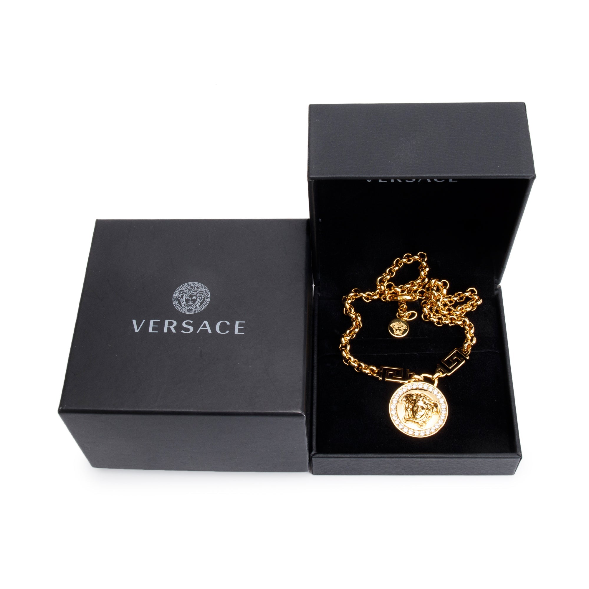 Versace Gold Plated Crystal La Medusa Greca Pendant Necklace w/ Box