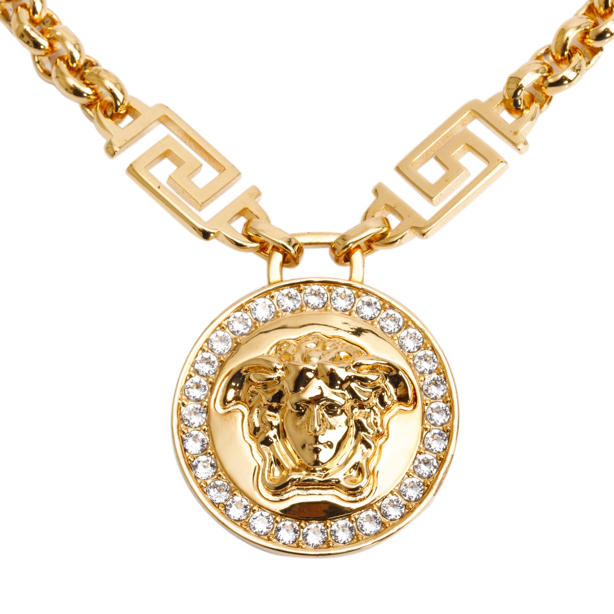 Versace Gold Plated Crystal La Medusa Greca Pendant Necklace w/ Box