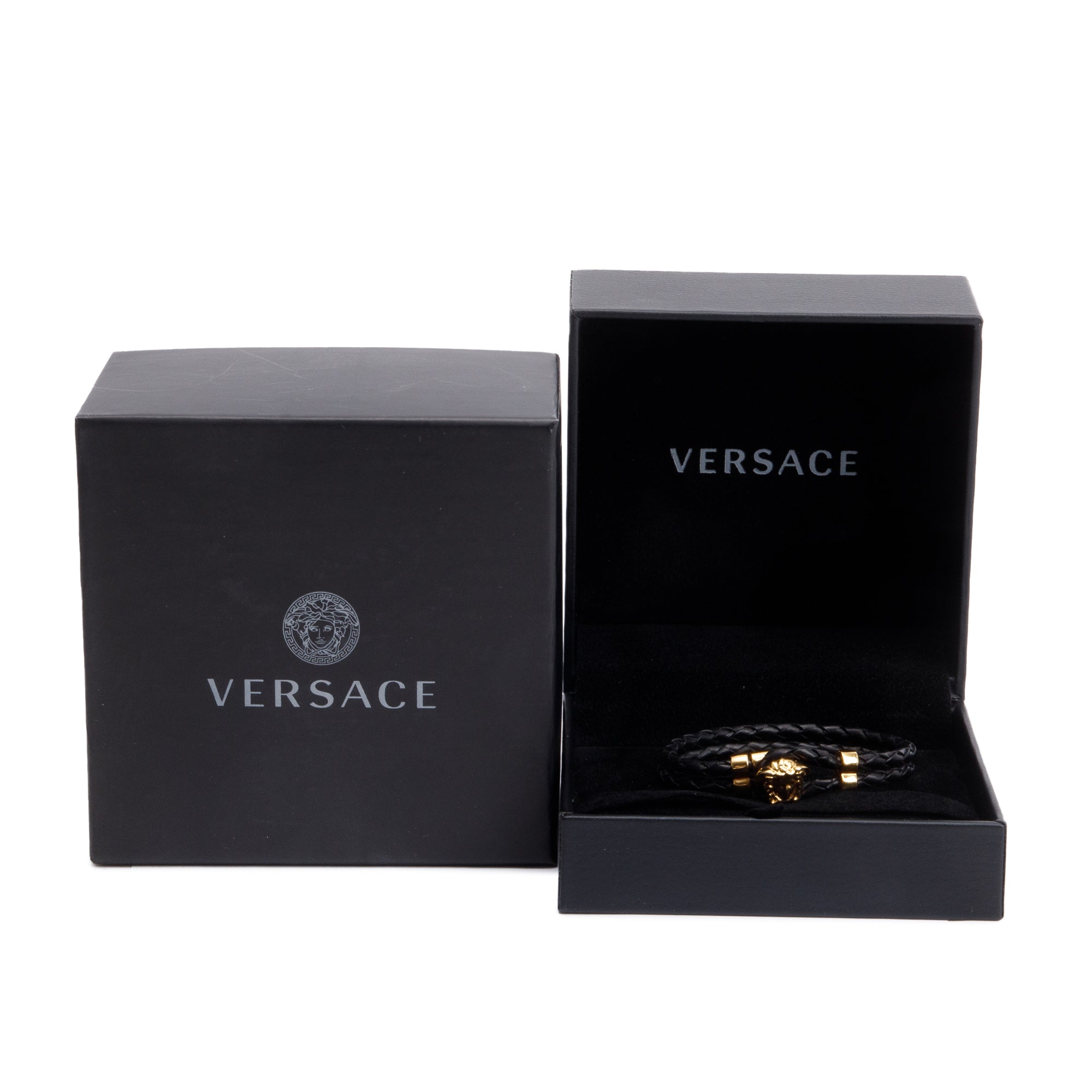 Versace Gold-Plated Medusa Leather Braided Bracelet w/ Box