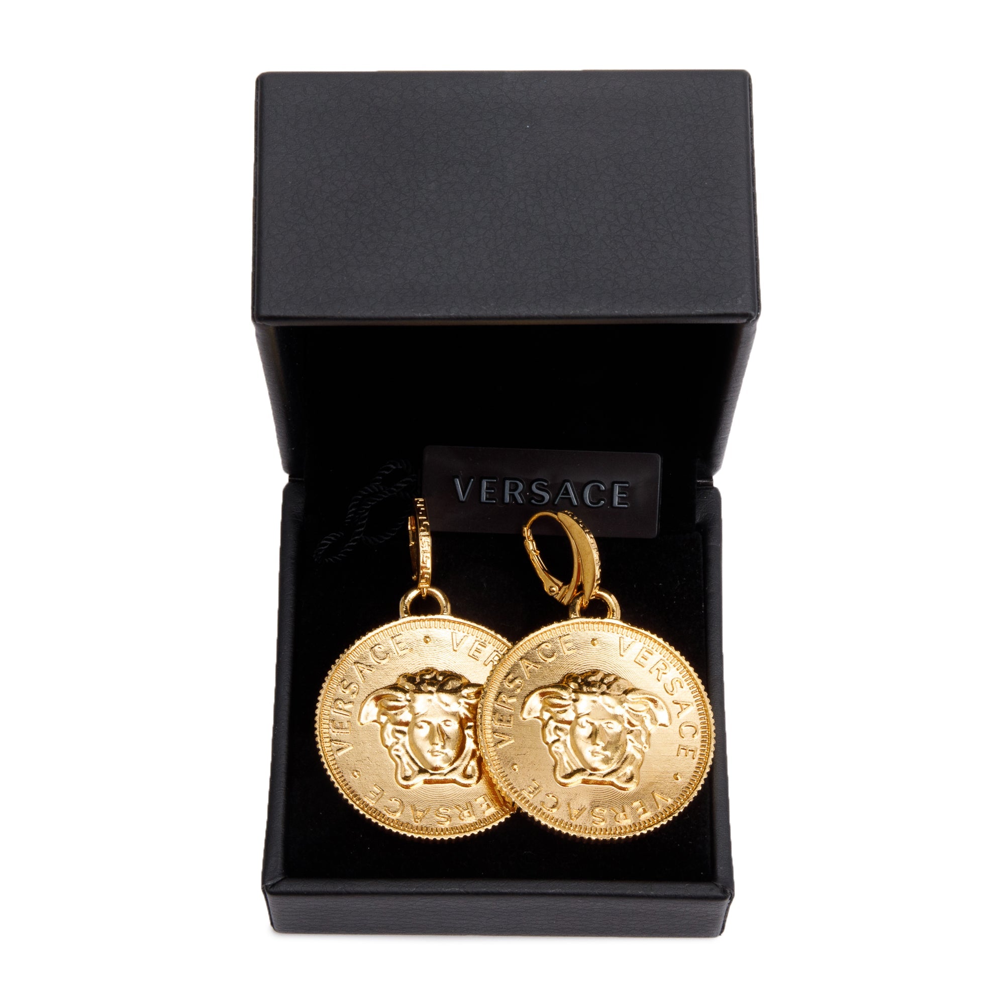 Versace Gold Plated Medusa Tribute Coin Drop Earrings w/ Box