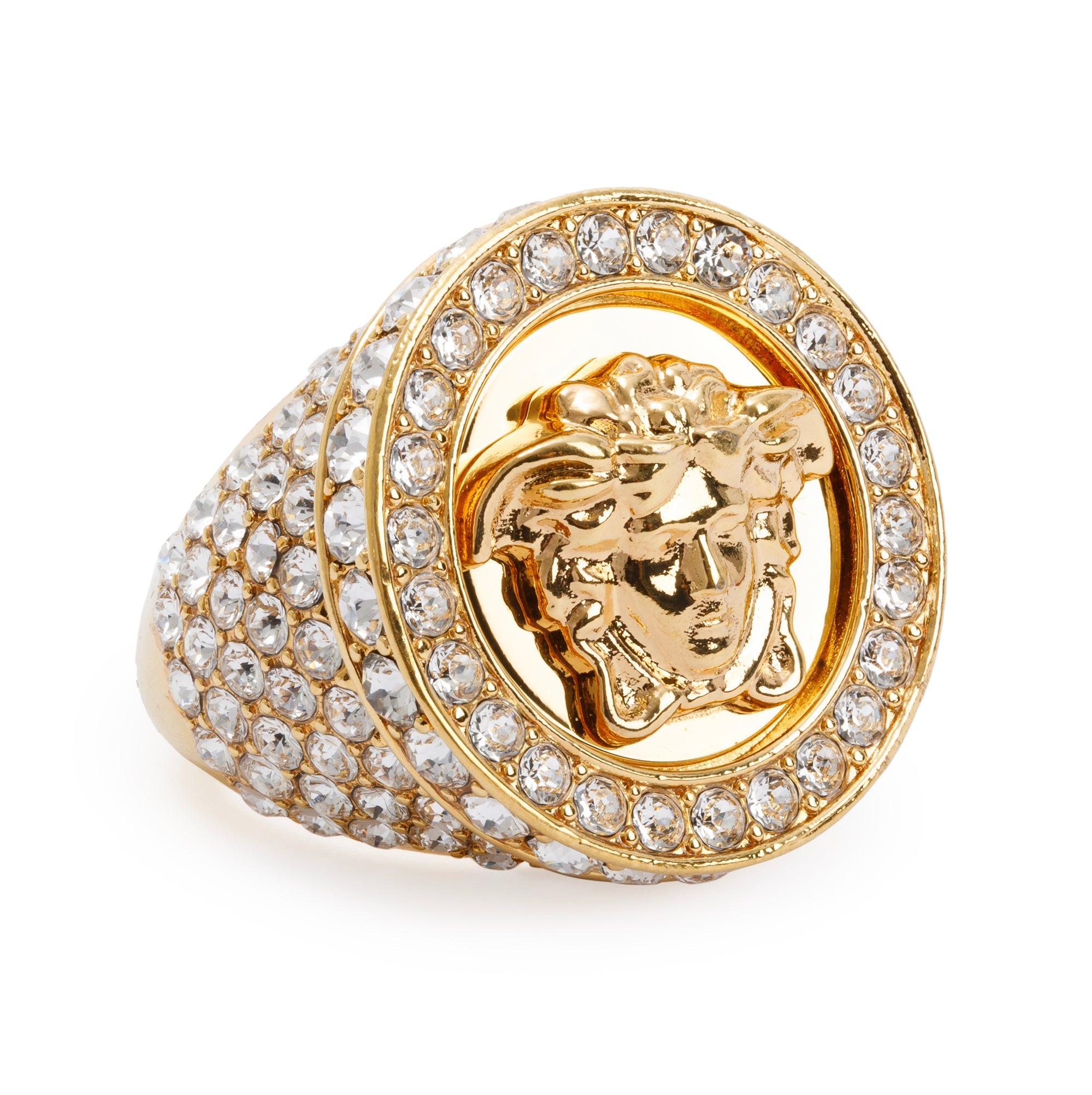 Versace Gold-Plated Metal Crystal Embellished Medusa Cocktail Ring, Size 19 8.5
