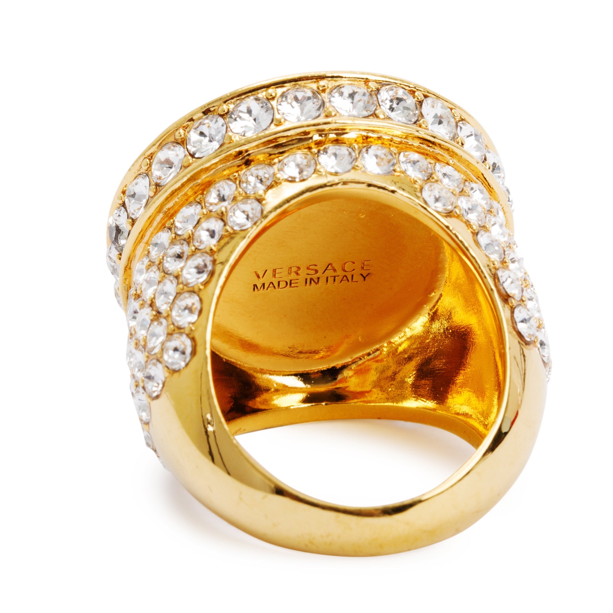 Versace Gold-Plated Metal Crystal Embellished Medusa Cocktail Ring, Size 19 8.5