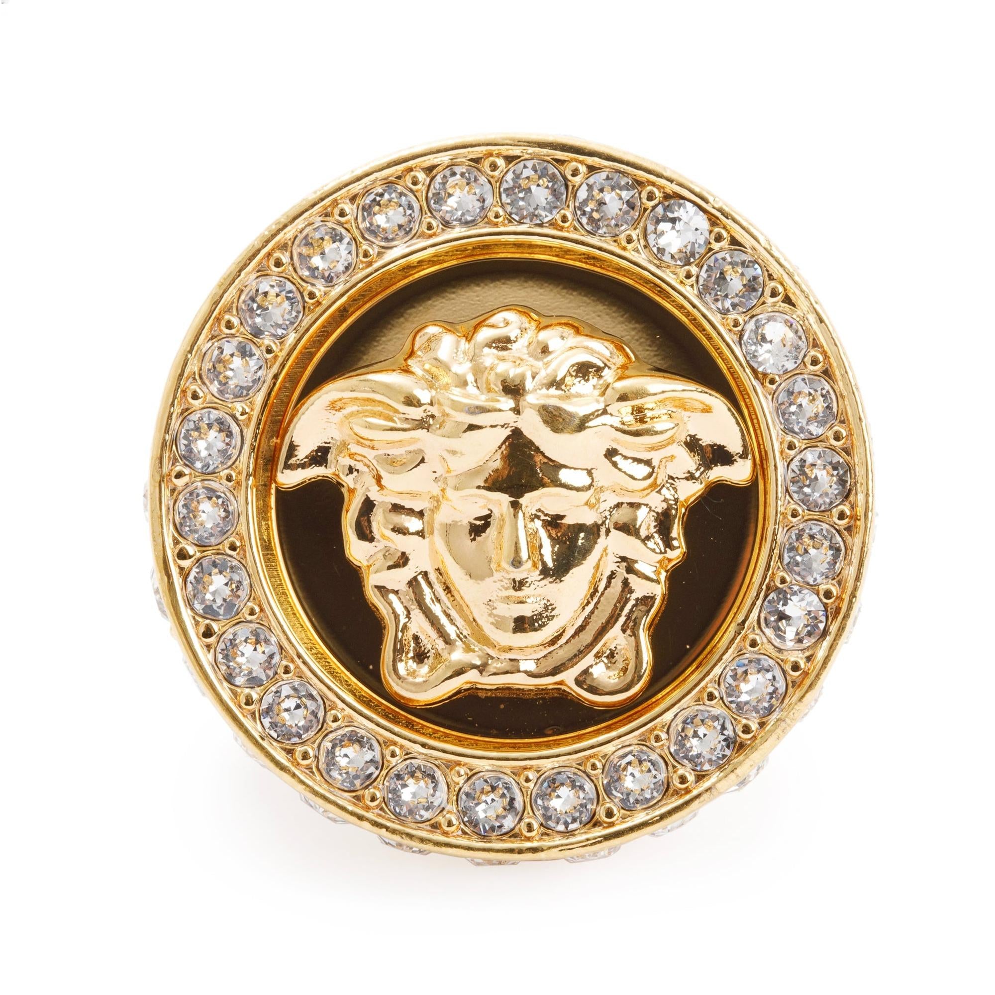 Versace Gold-Plated Metal Crystal Embellished Medusa Cocktail Ring, Size 19 8.5