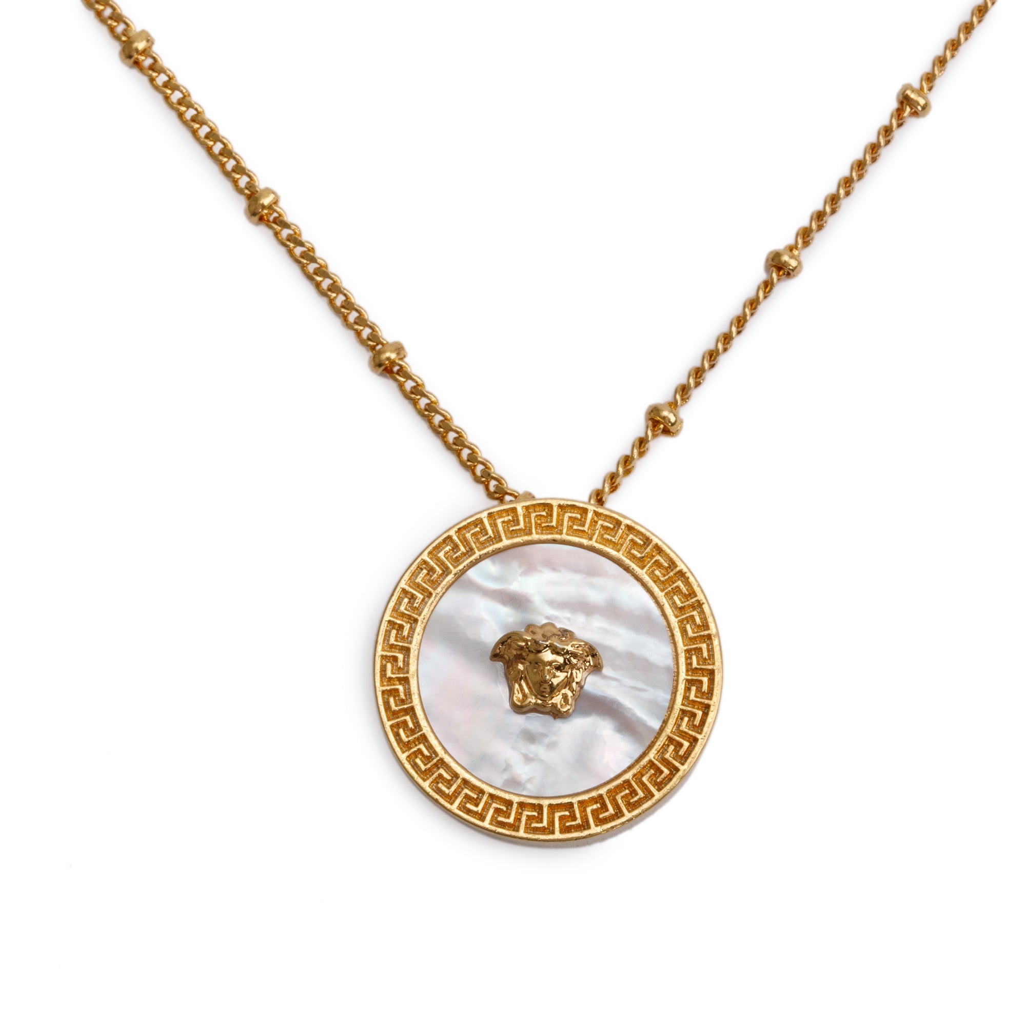 Versace Gold Plated Mother Of Pearl Medusa Pendant Necklace w/ Box