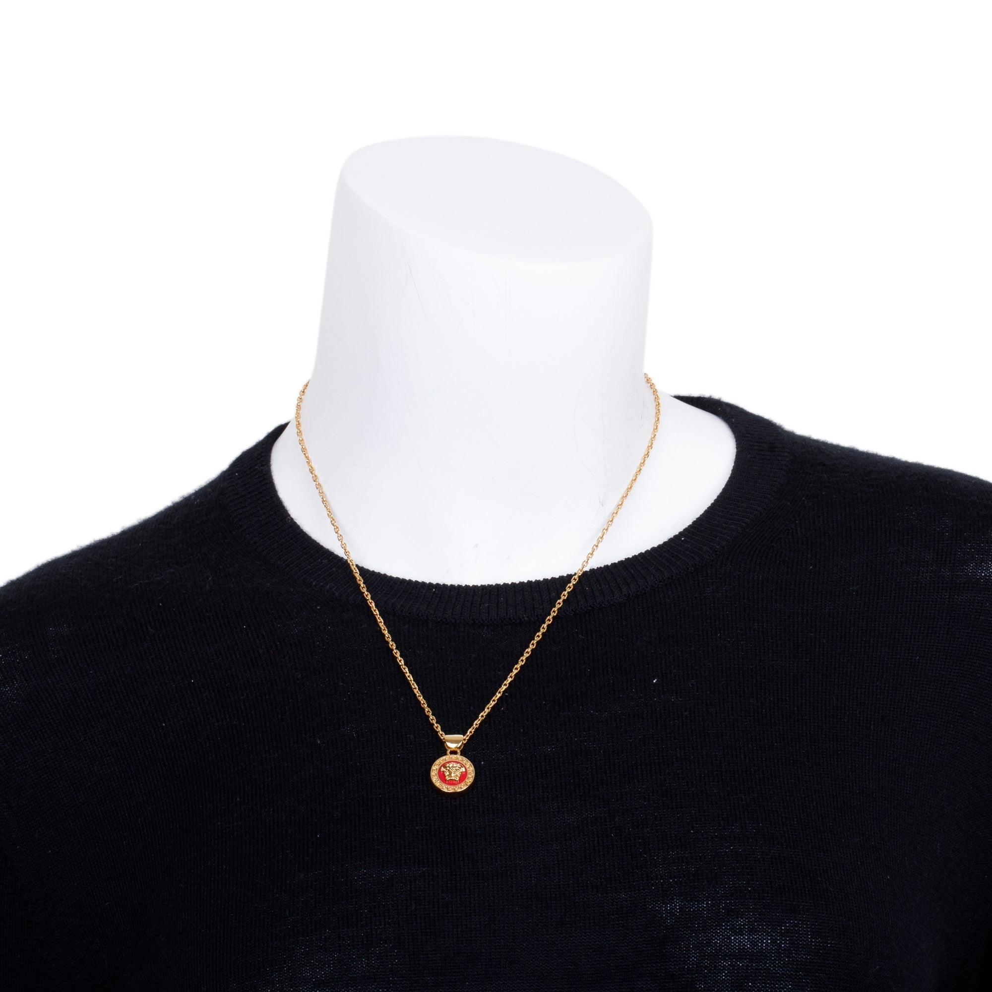 Versace Gold Plated Red Enamel Medusa Pendant Necklace w/ Box