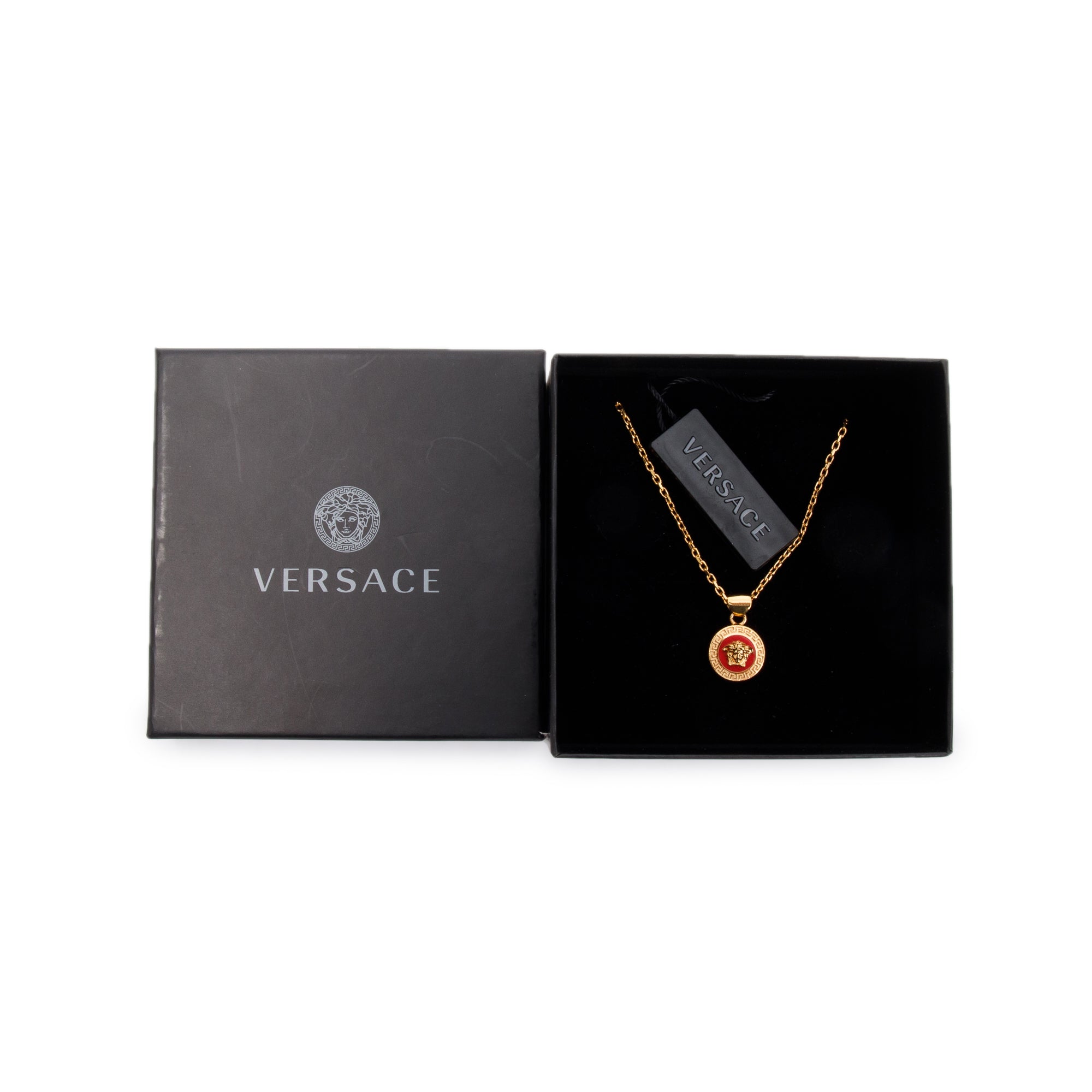 Versace Gold Plated Red Enamel Medusa Pendant Necklace w/ Box