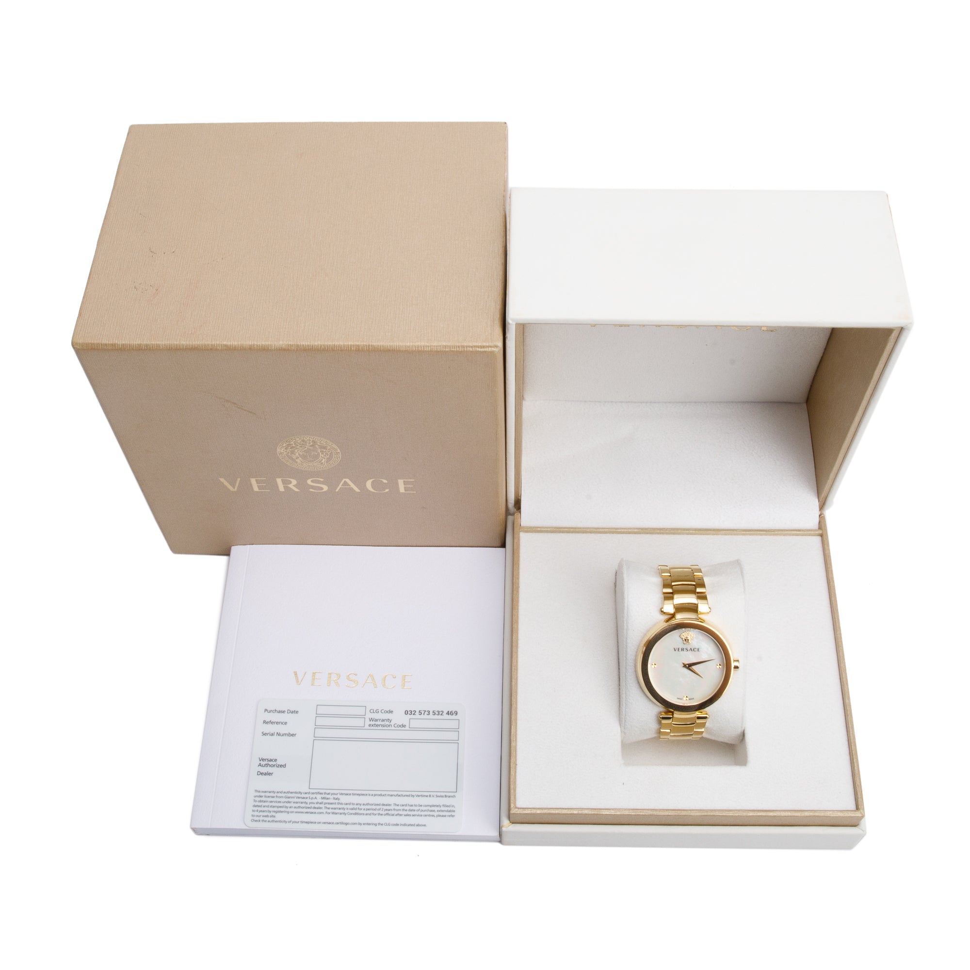 Versace Gold-Plated Stainless Steel Mother of Pearl Dial 38 MM Mystique Quartz Watch w/ Box & Papers