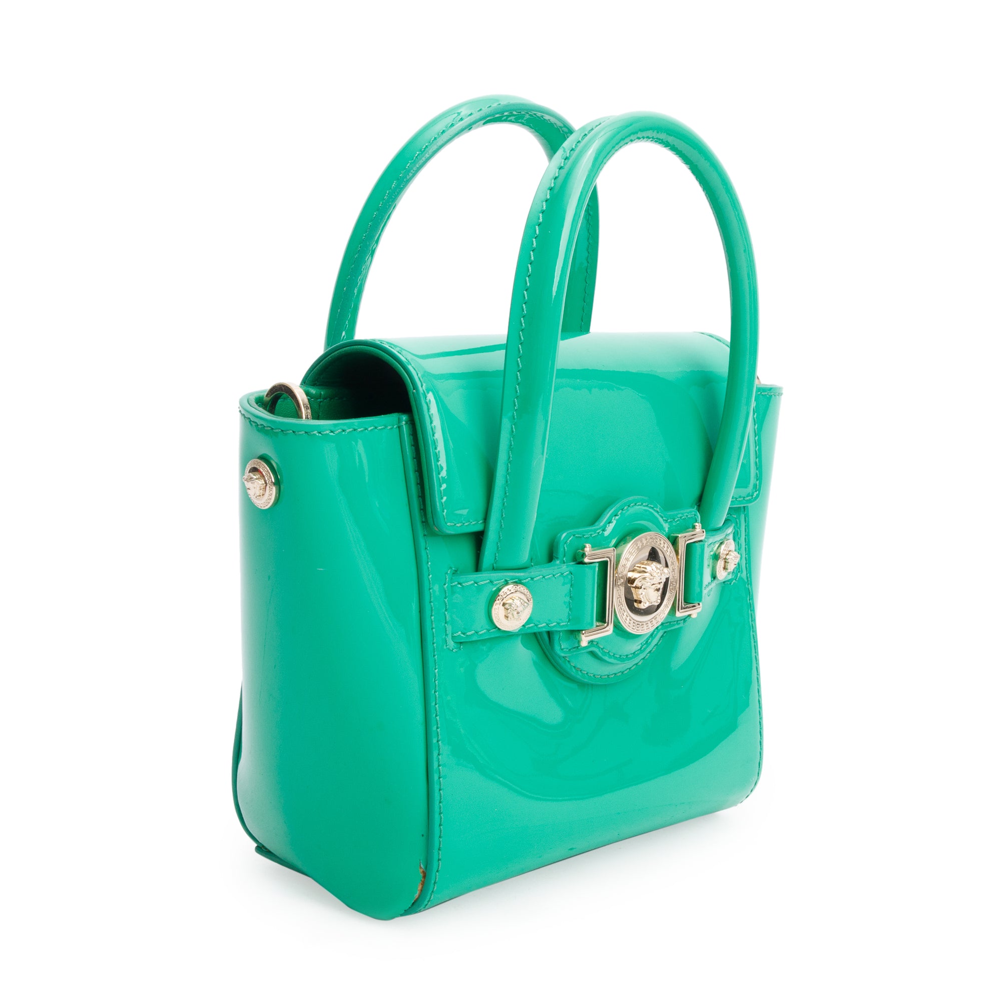 Versace Green Patent Leather Mini Signature Handle Bag w/ Strap