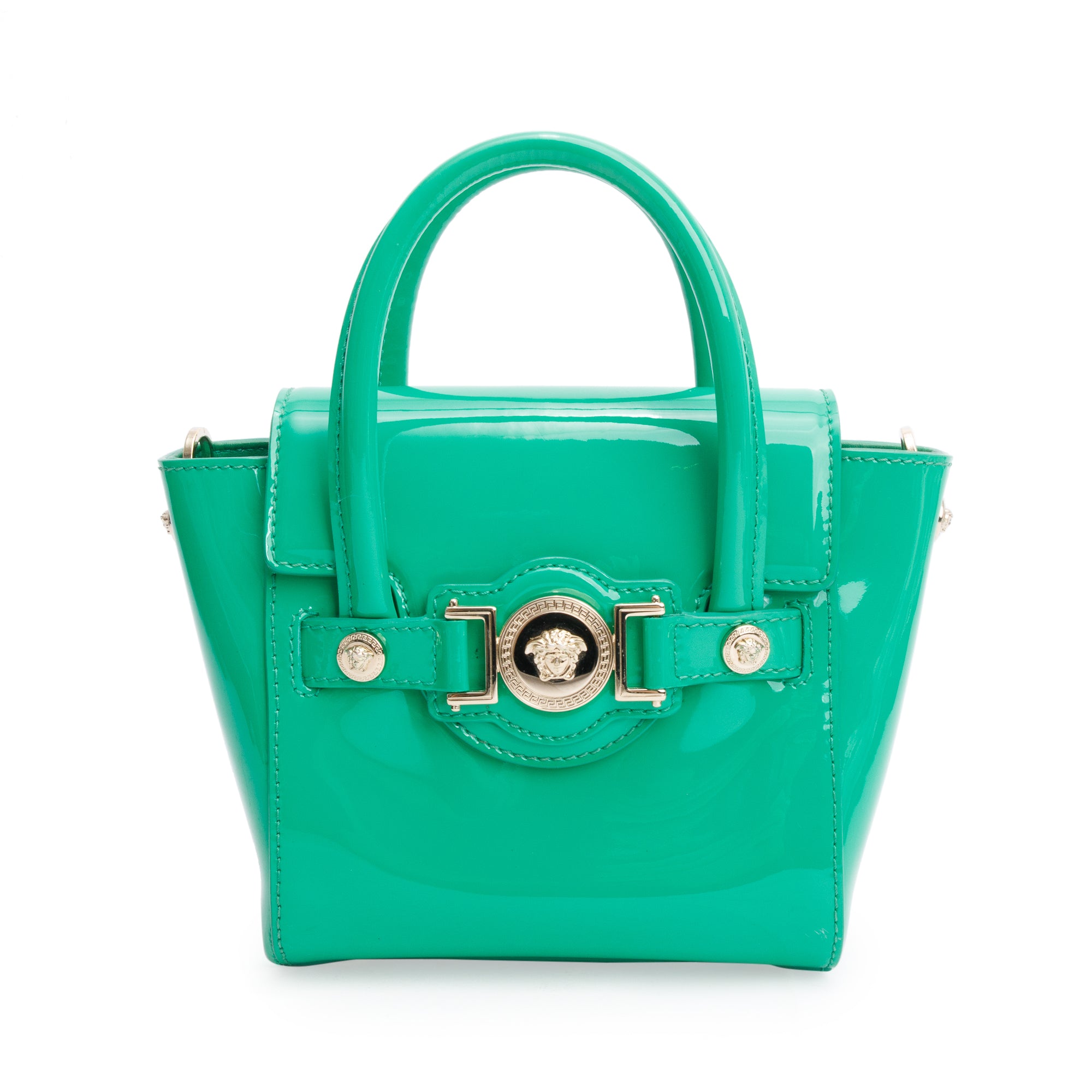 Versace Green Patent Leather Mini Signature Handle Bag w/ Strap