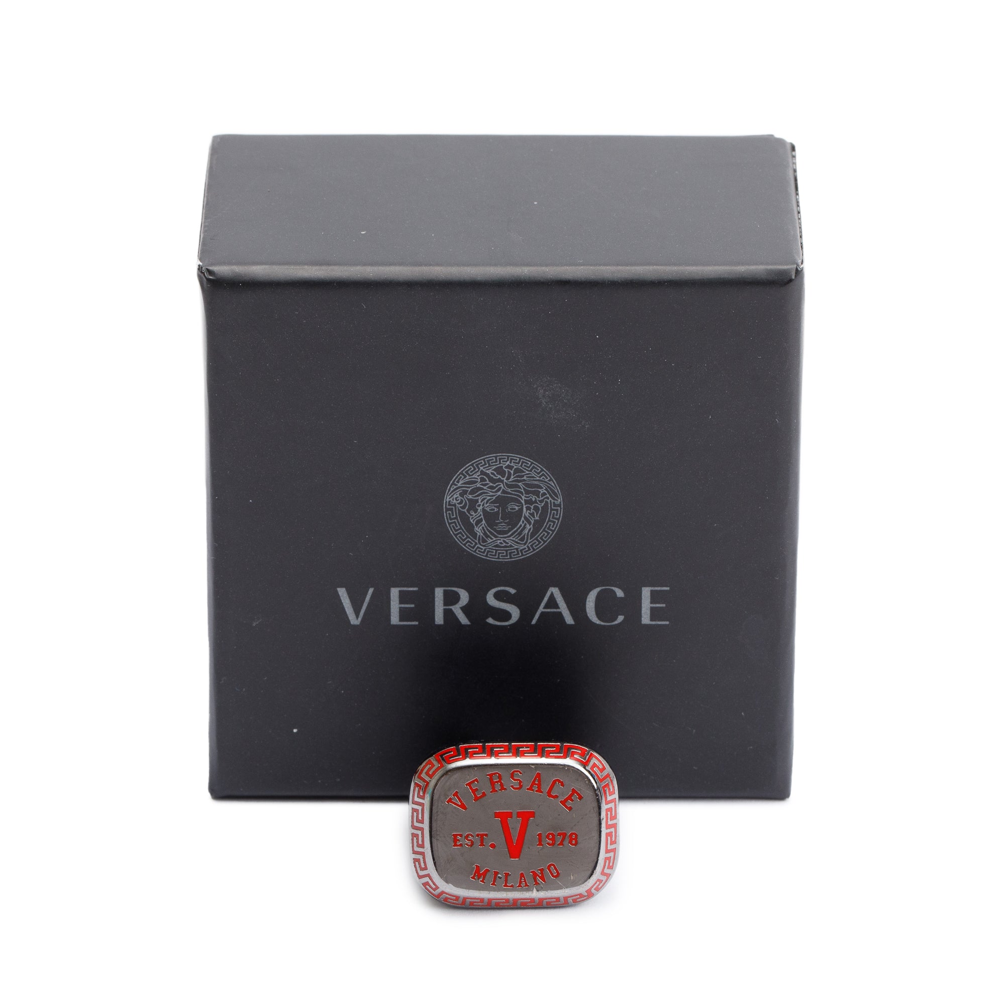Versace Gunmetal & Red Enamel Varsity Logo Ring, Size 5.25 w/ Box