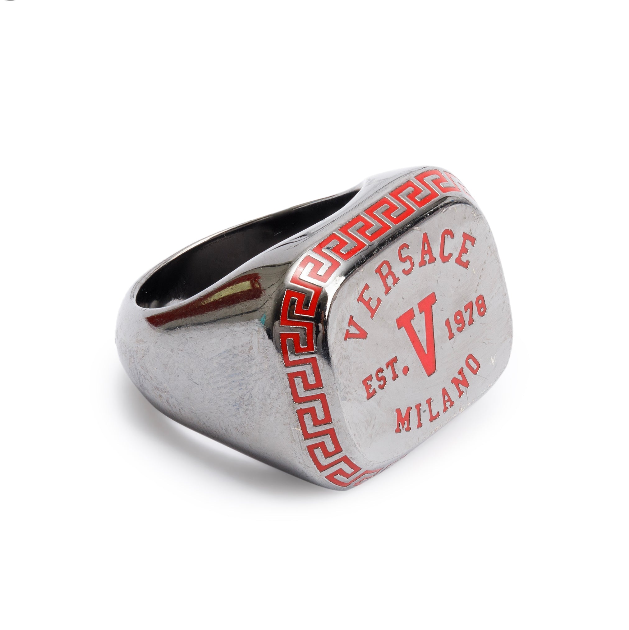 Versace Gunmetal & Red Enamel Varsity Logo Ring, Size 5.25 w/ Box