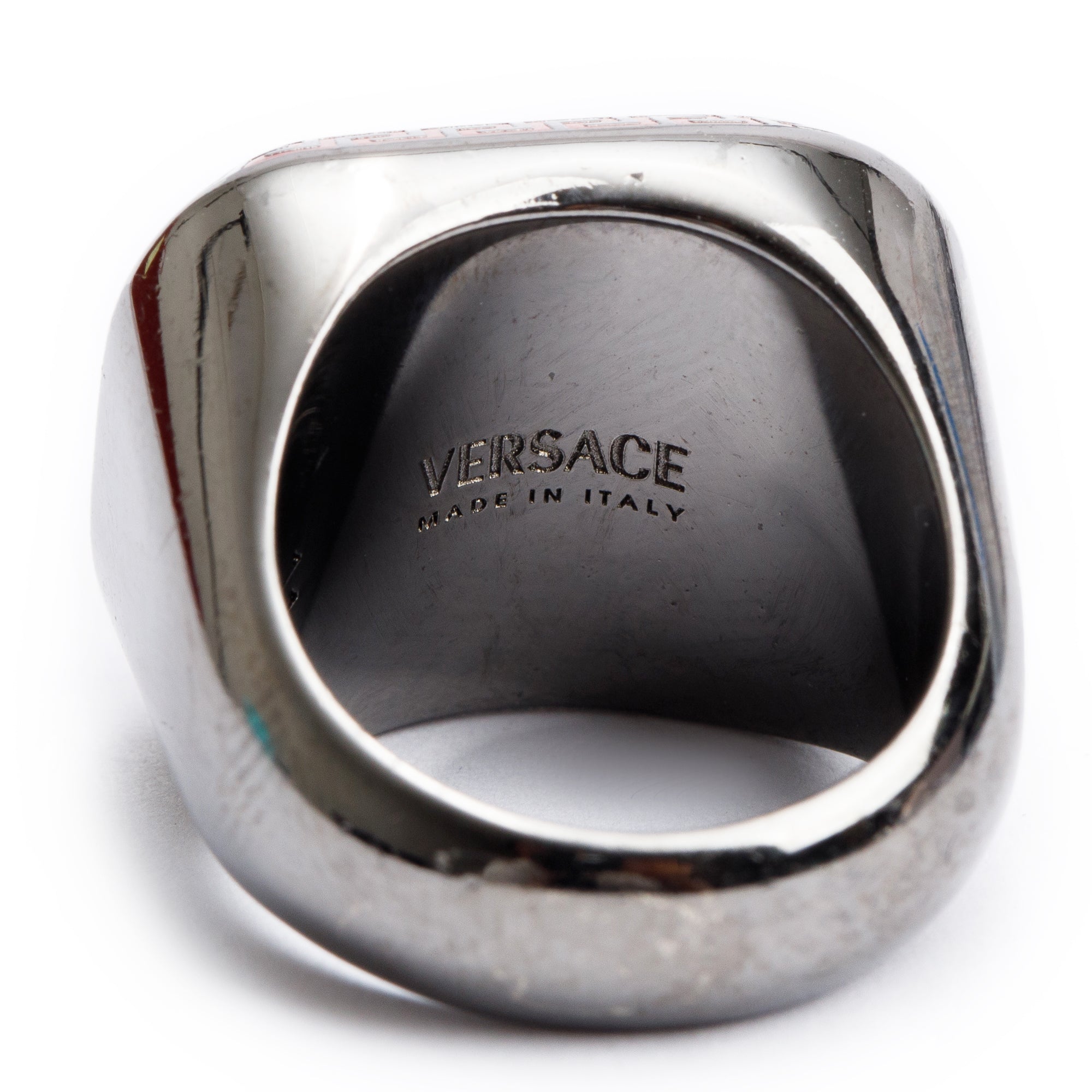 Versace Gunmetal & Red Enamel Varsity Logo Ring, Size 5.25 w/ Box