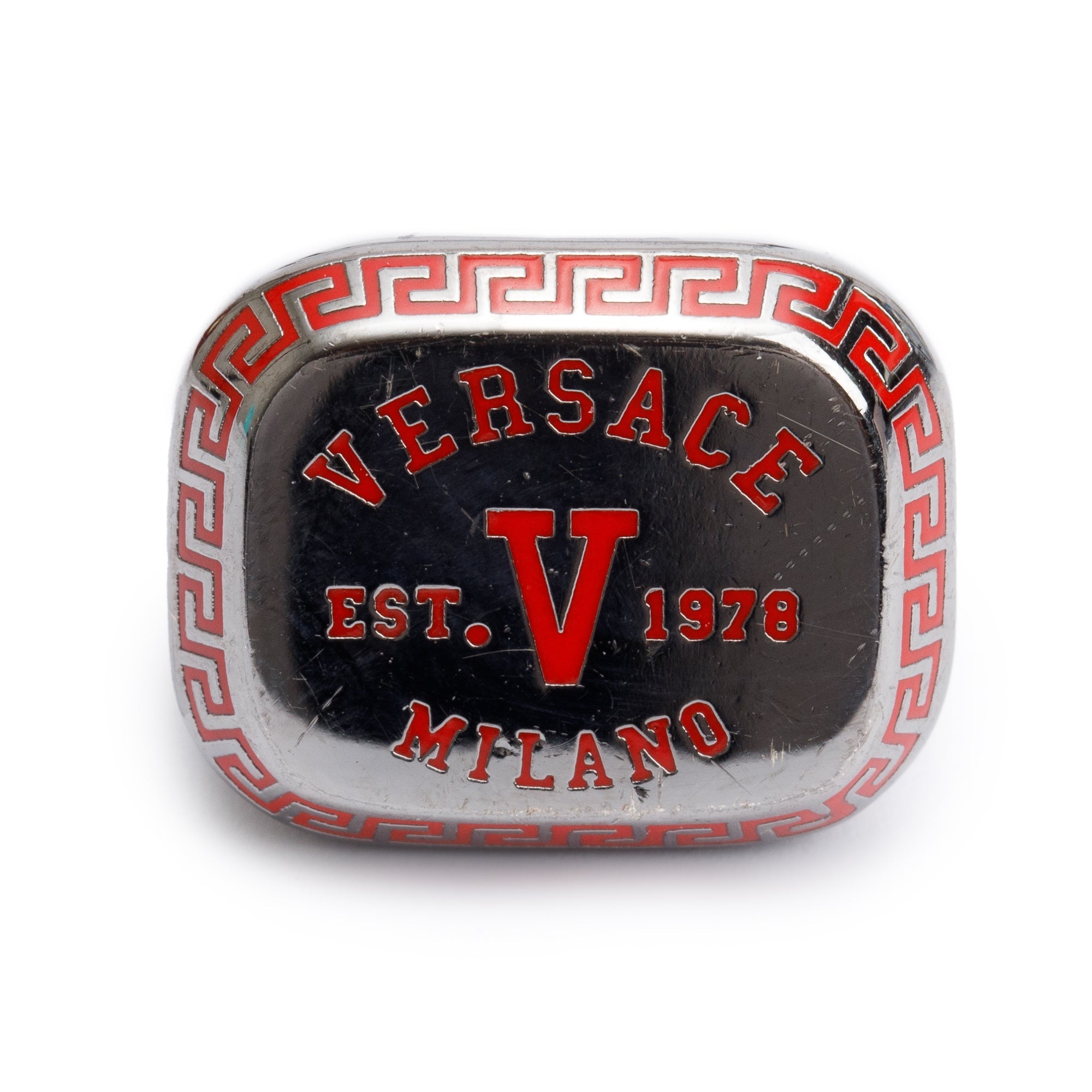 Versace Gunmetal & Red Enamel Varsity Logo Ring, Size 5.25 w/ Box