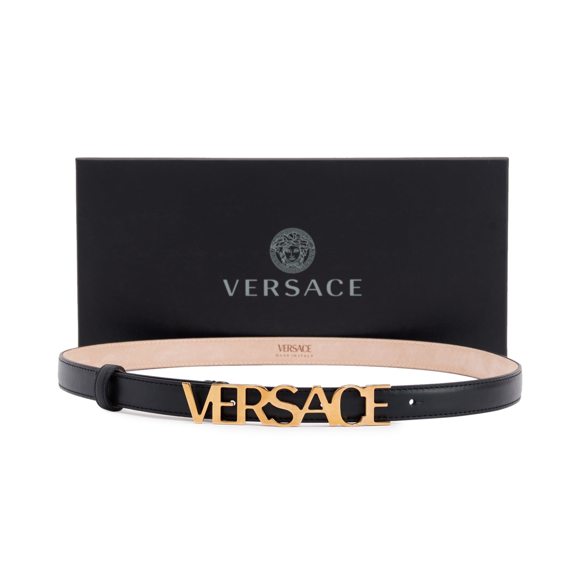 Versace Logo Thin Leather Belt w/ Box