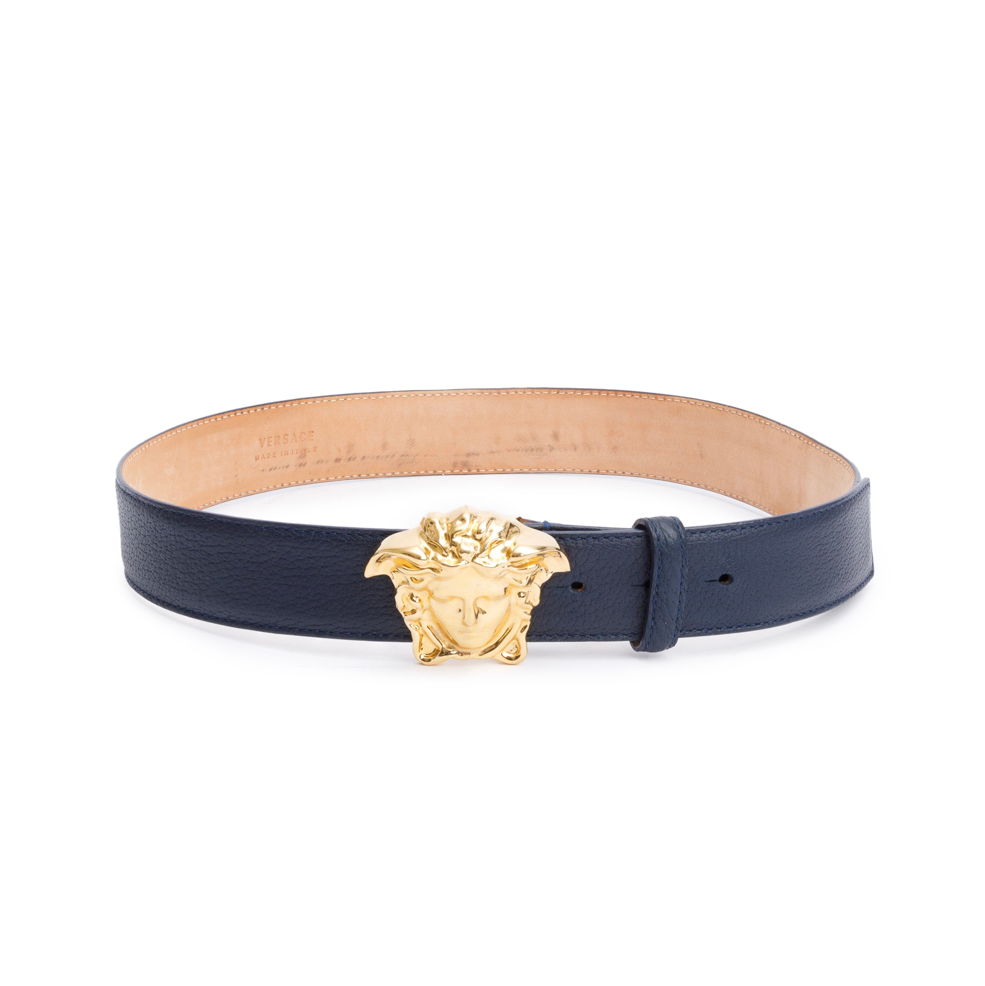 Versace Navy Calfskin Leather Palazzo Medusa Belt 85 34