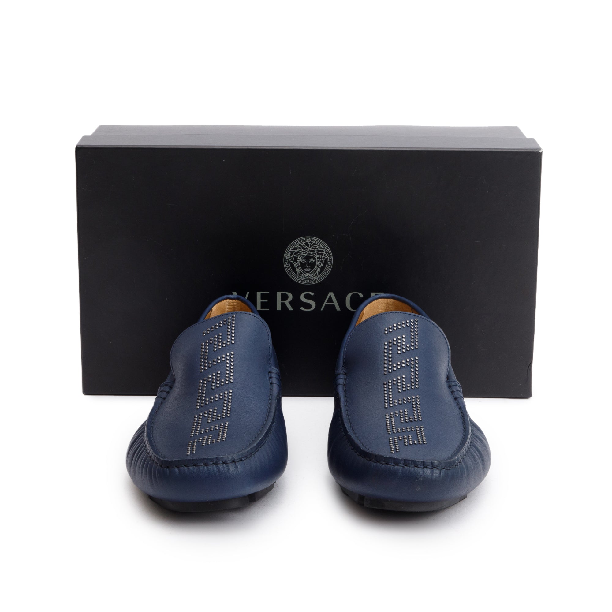Versace Navy Studded Greca Driver Loafers, Size 44 w/ Box