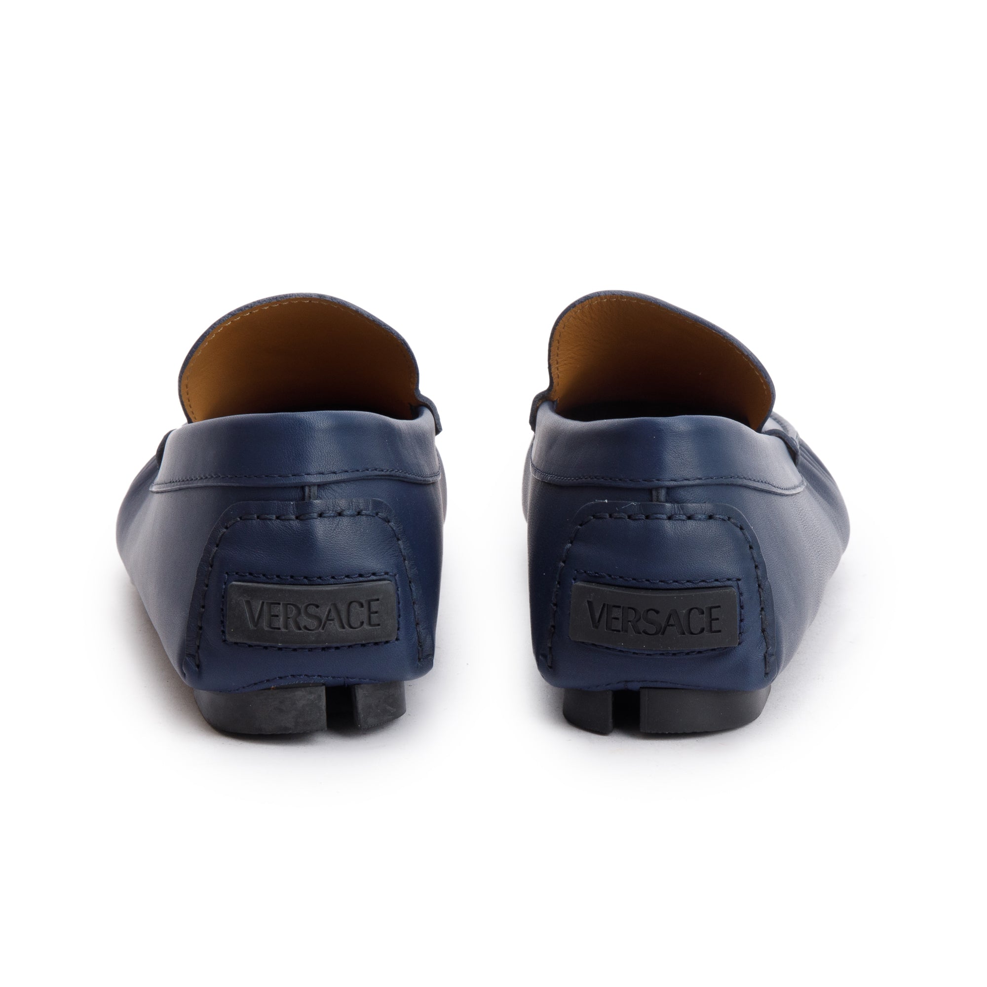 Versace Navy Studded Greca Driver Loafers, Size 44 w/ Box