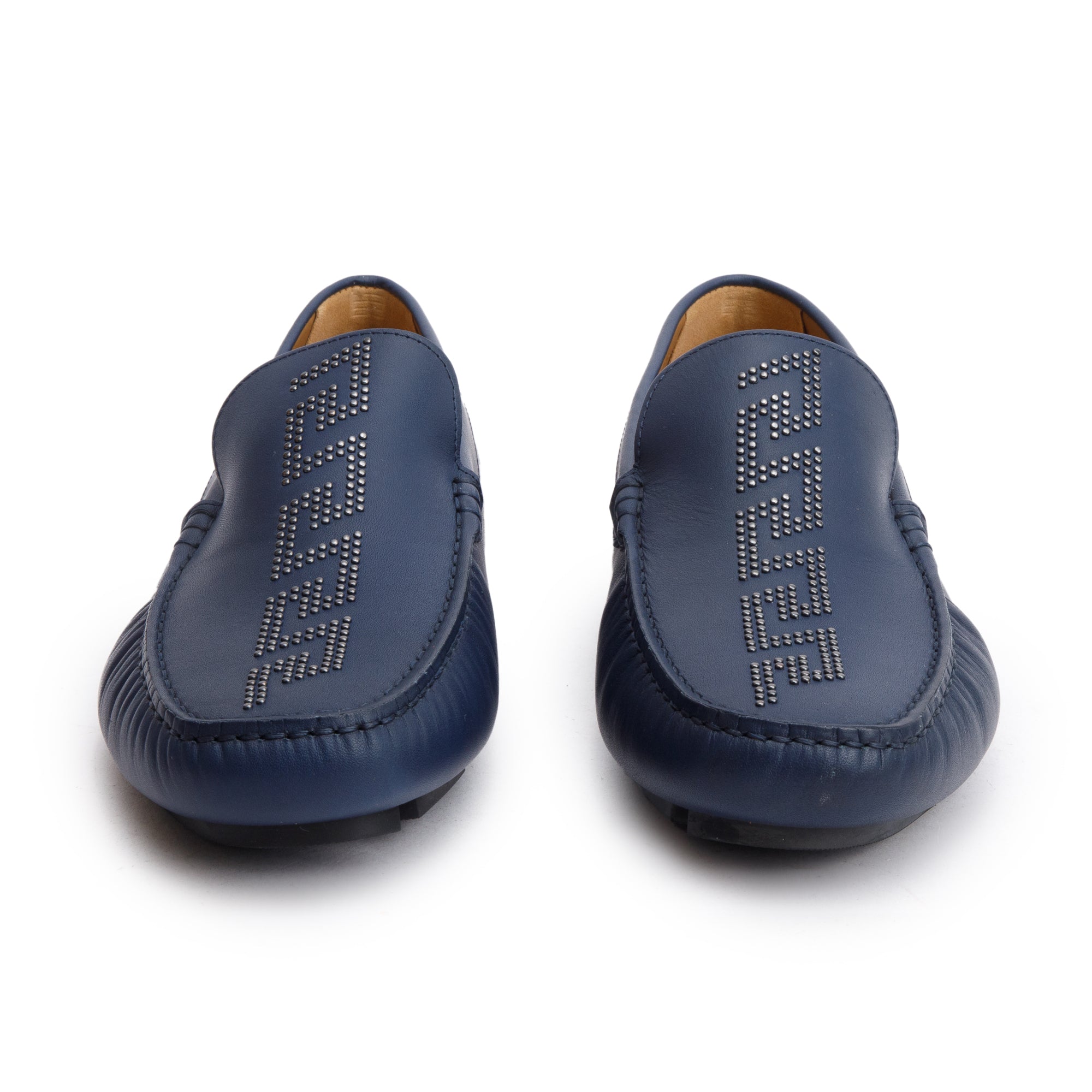 Versace Navy Studded Greca Driver Loafers, Size 44 w/ Box