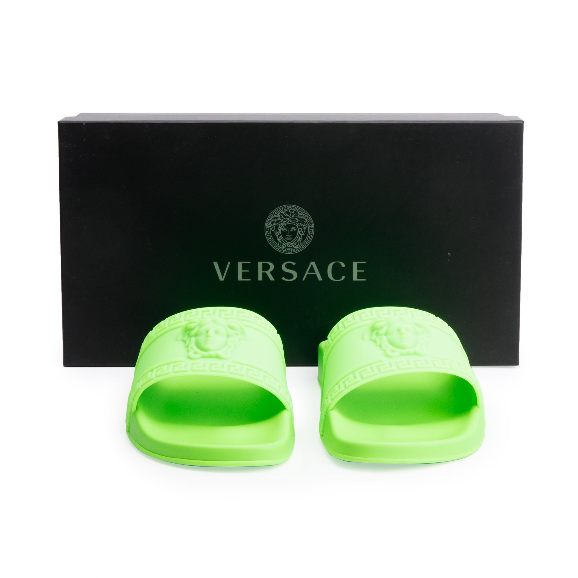 Versace Neon Green Rubber Palazzo Pool Slides, Size 45 w/ Box& Authenticity Card