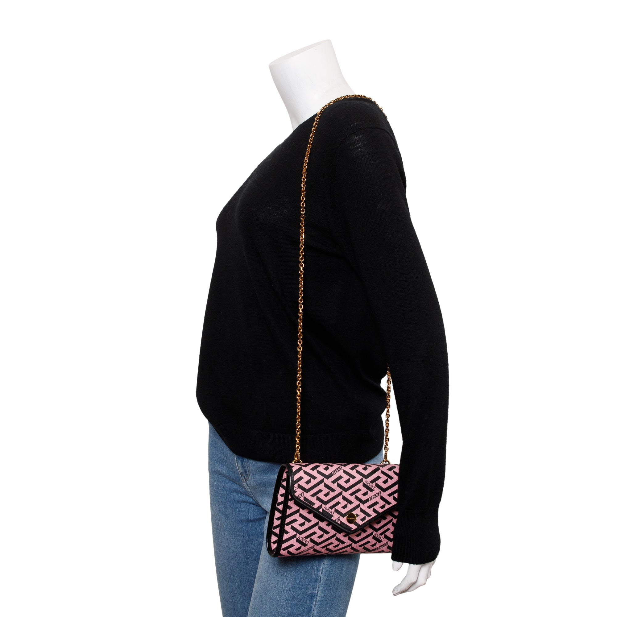 Versace Pink La Greca Signature Coated Canvas Chain Pouch w/ Box & Receipt