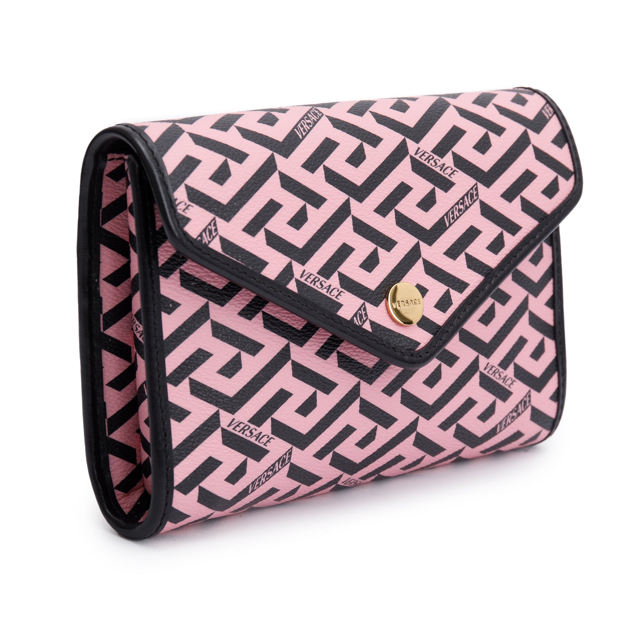 Versace Pink La Greca Signature Coated Canvas Chain Pouch w/ Box & Receipt