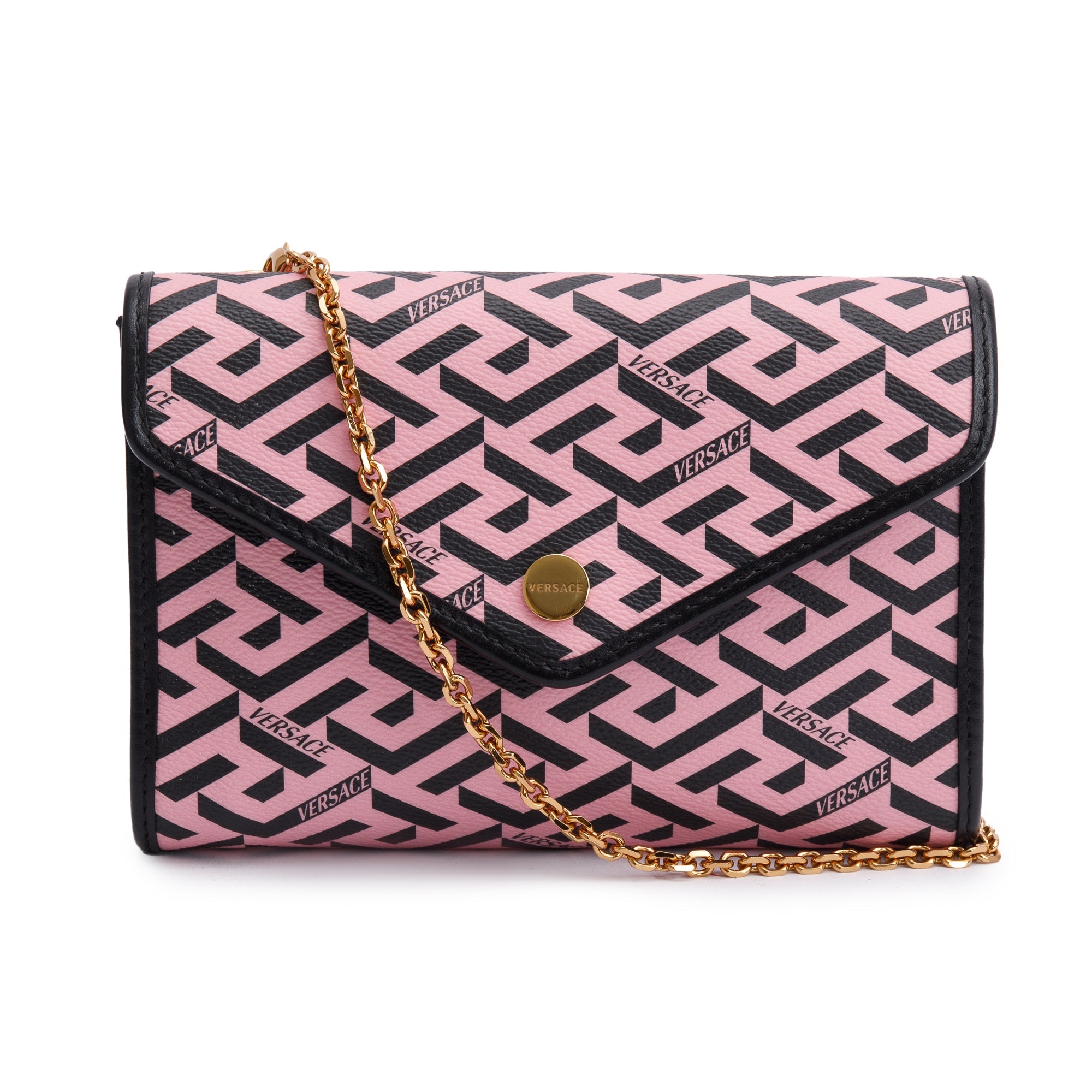 Versace Pink La Greca Signature Coated Canvas Chain Pouch w/ Box & Receipt