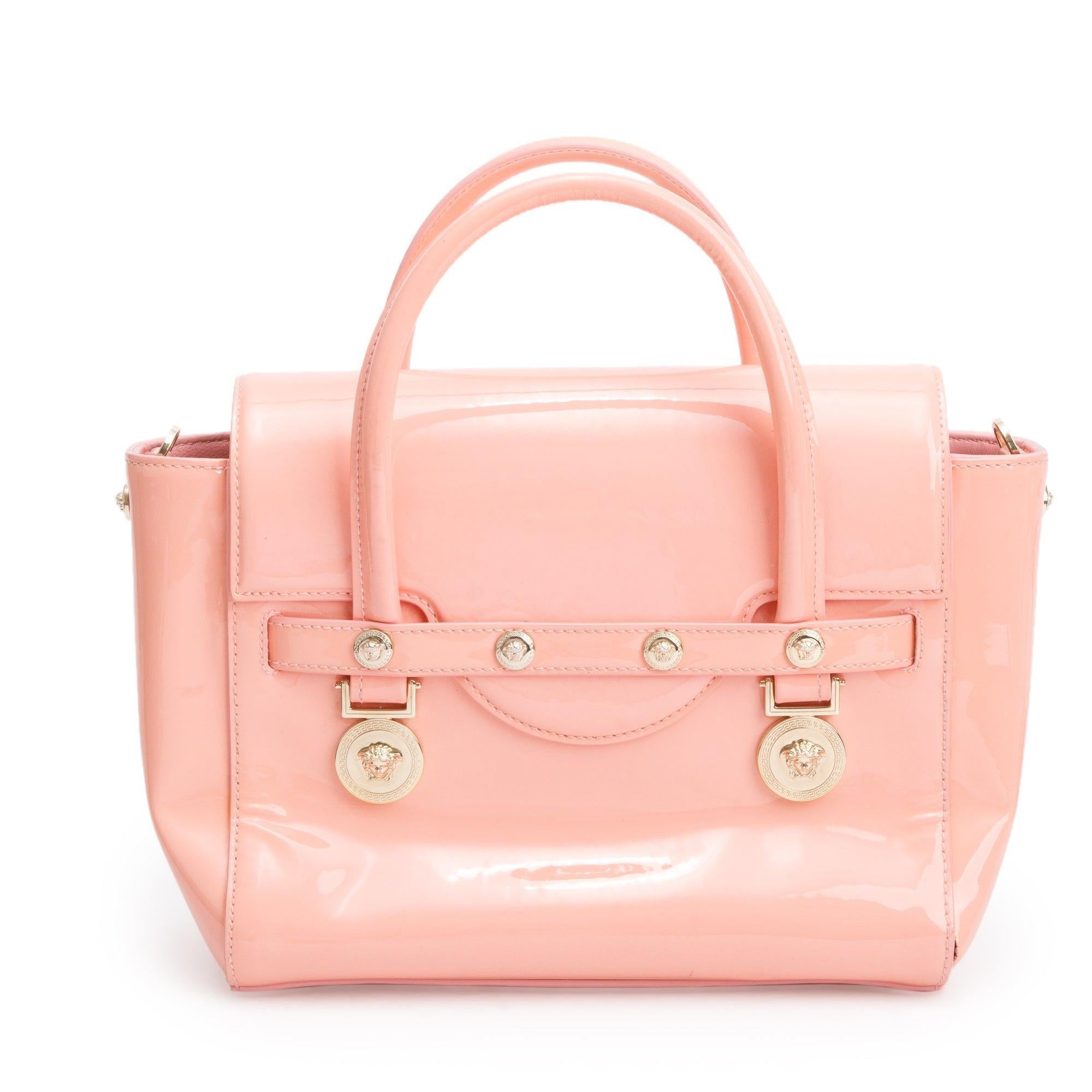 Versace Pink Patent Leather Signature Handle Bag w/ Strap