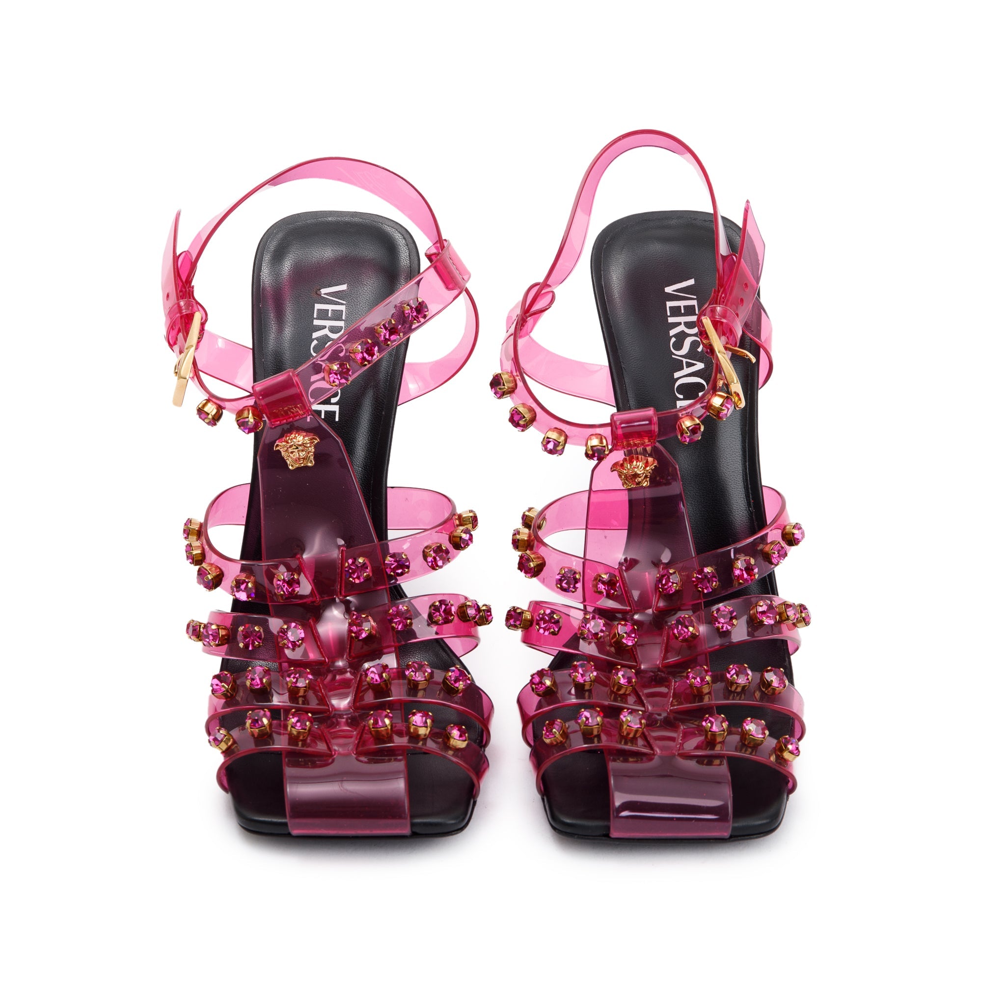 Versace Pink Pvc Medusa Insignia T-Strap Sandals, Size 40