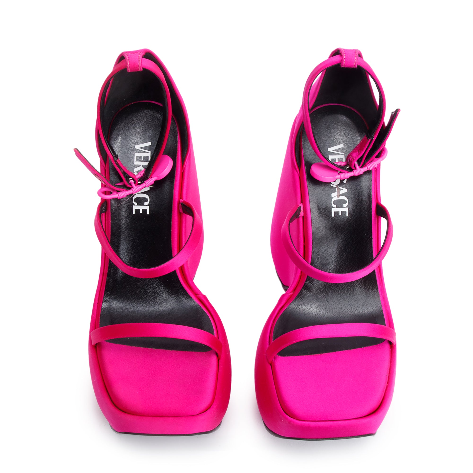 Versace Pink Satin Medusa Insignia Triplatform Wedge Sandals, Size 36