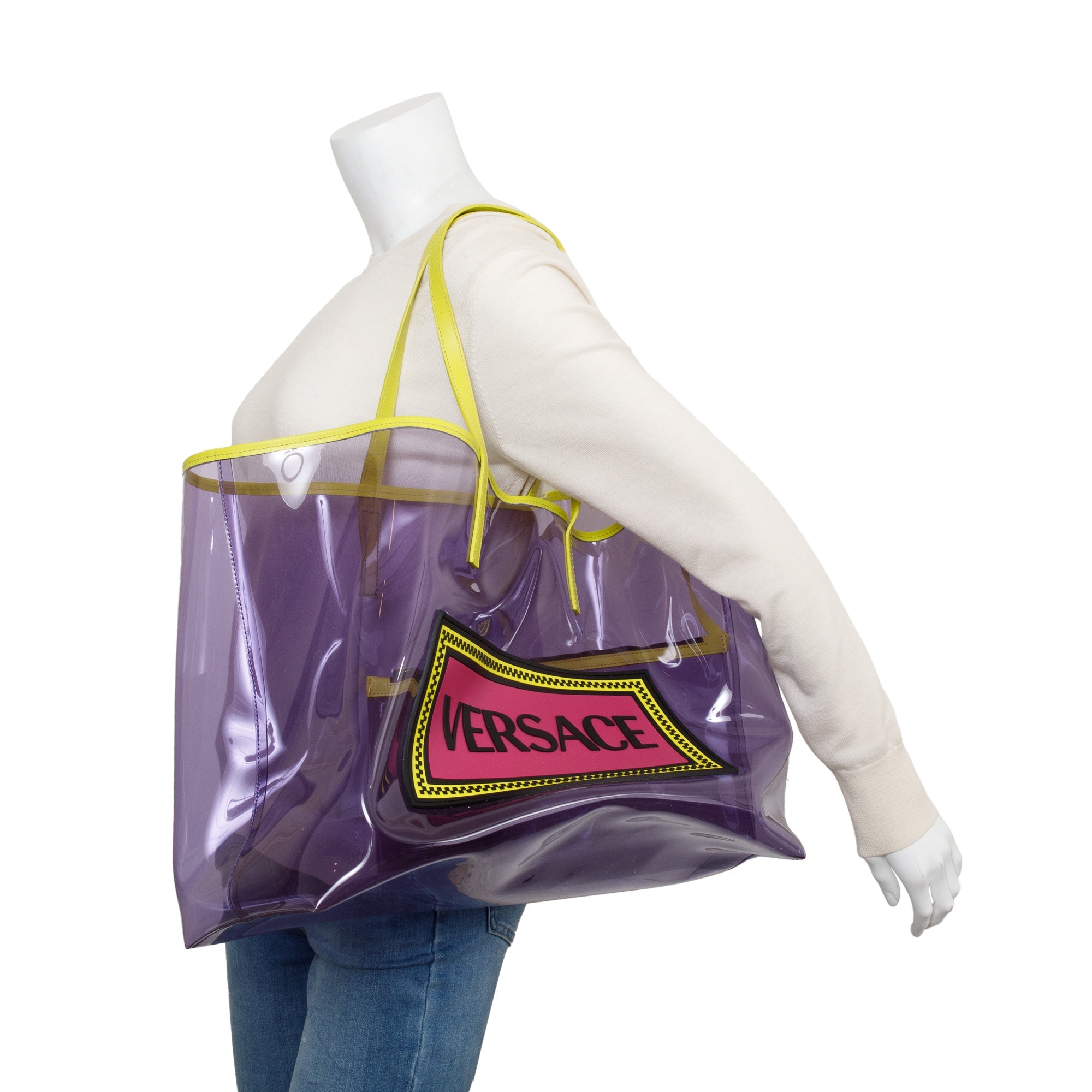 Versace Purple Vinyl Green Calfskin Logo Tote Bag w/ Pouch