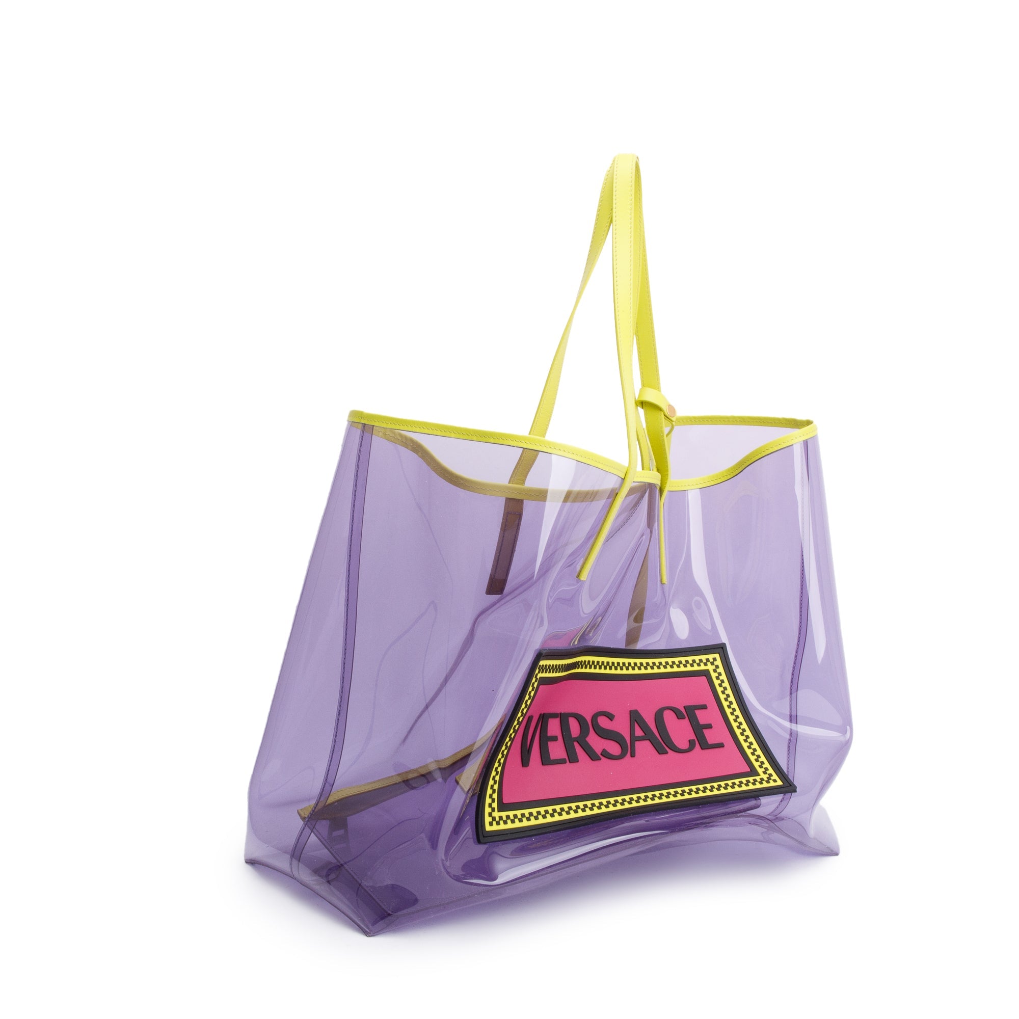 Versace Purple Vinyl Green Calfskin Logo Tote Bag w/ Pouch